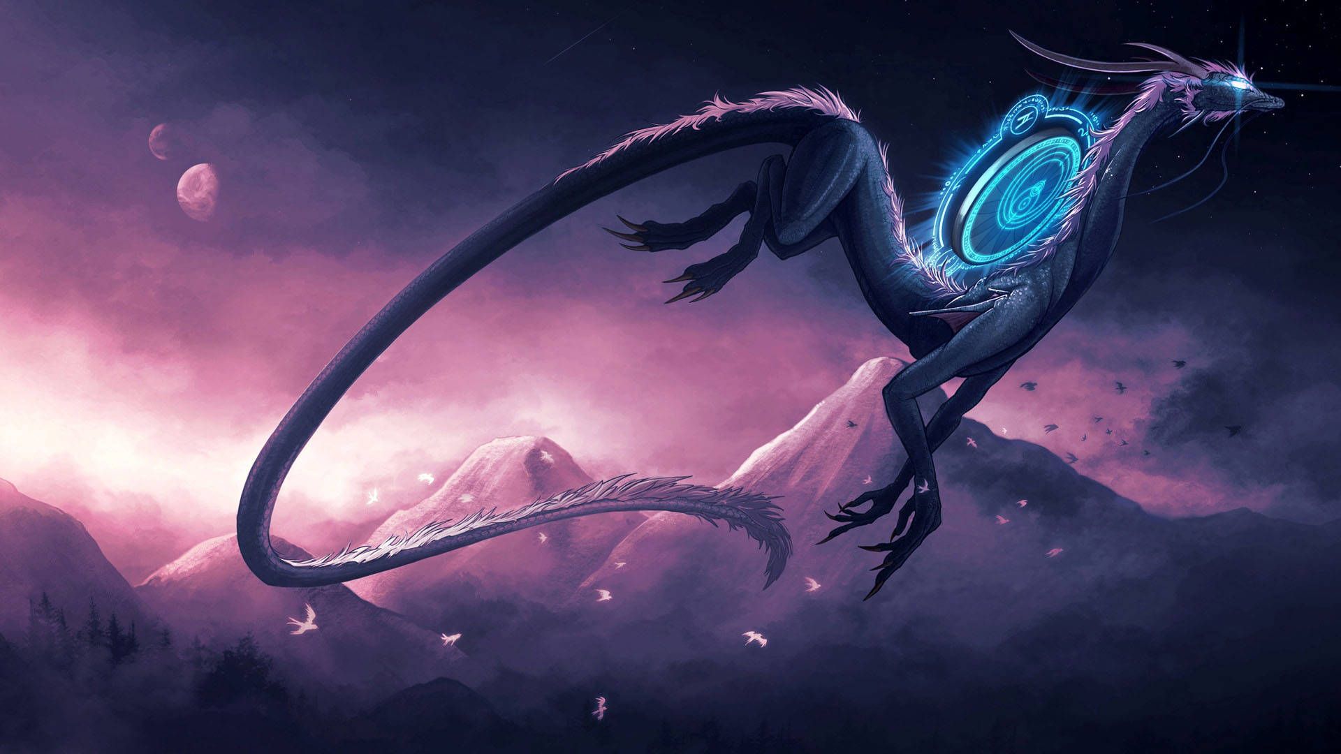 Drache, Rosa Himmel, Berge, Planeten, Fantasy, Full HD, Desktop-Hintergrund für Windows