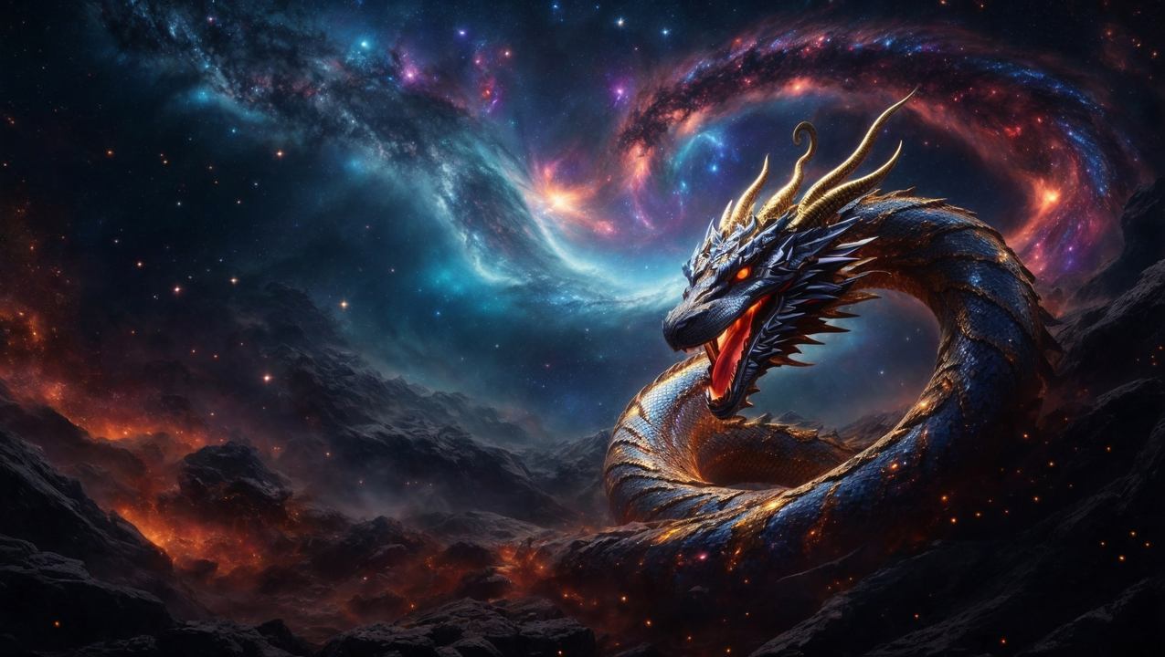 Drache, Weltraum, Nebel, Goldene Hörner, Glut, Hintergrund