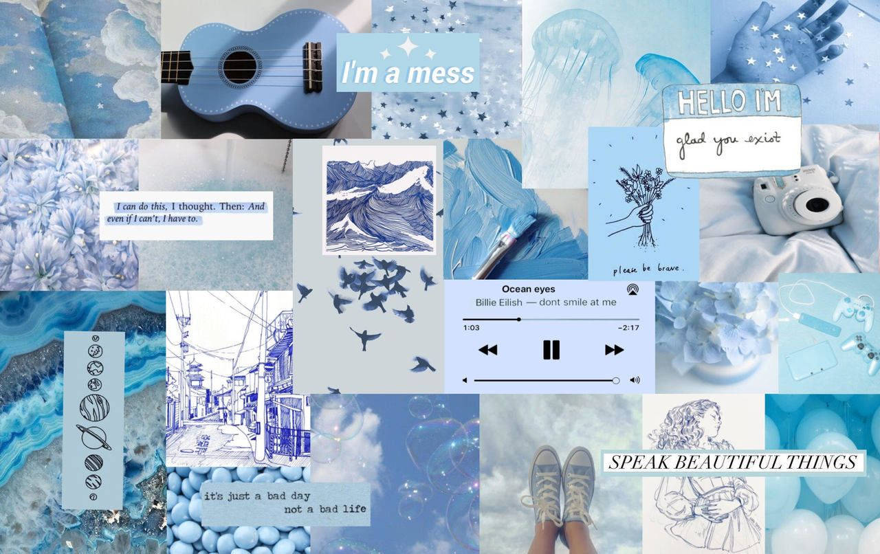 Collage, Ukulele, I'm a Mess, Musikplayer, Hellblau, Moodboard, HD, PC-Hintergrundbild