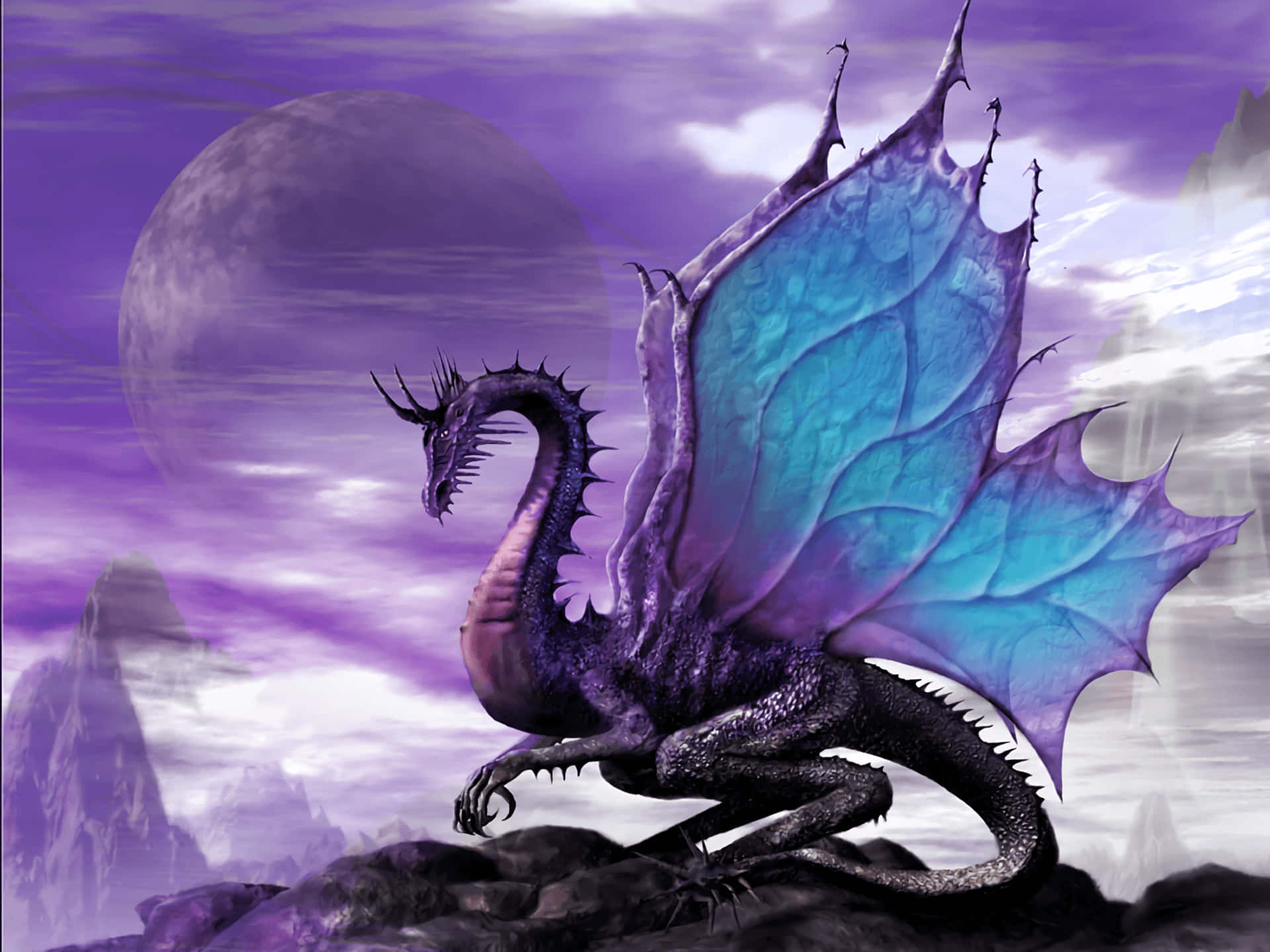 Drache, Schmetterlingsflügel, Lila, Mond, Fels, Full HD, Hintergrundbild fürs Tablet