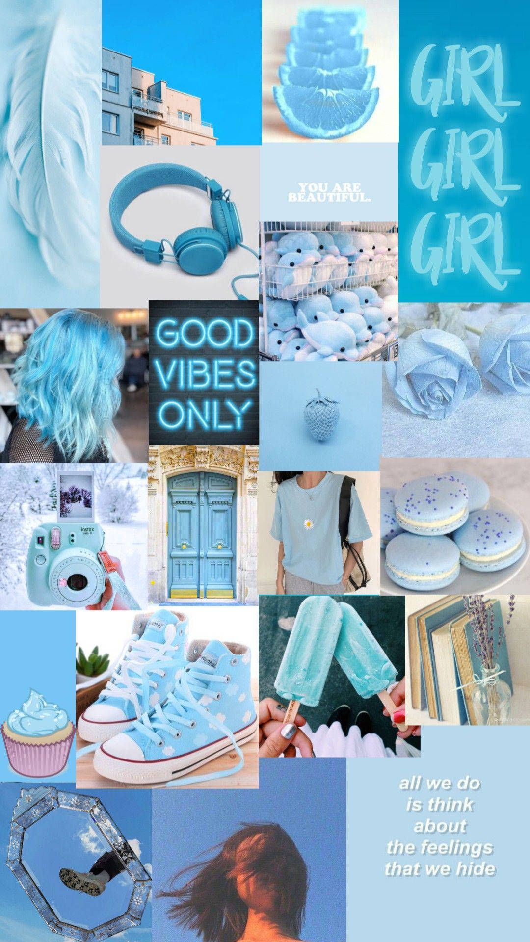 Collage, Good Vibes Only, Girl, Kopfhörer, Türkis, Hochformat, Full HD, Handy-Hintergrundbild