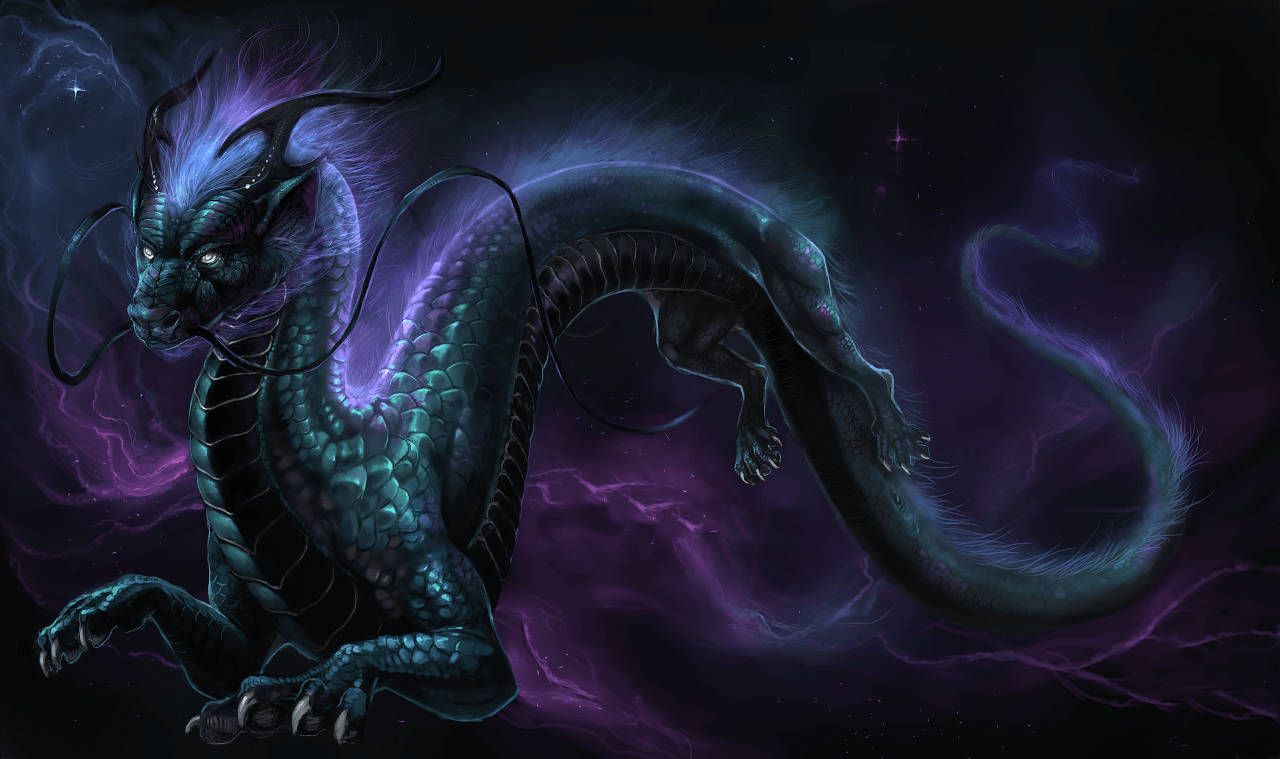 Chinesischer Drache, Schuppen, Dunkel, Lila Rauch, Digital Art, HD, Laptop-Hintergrundbild