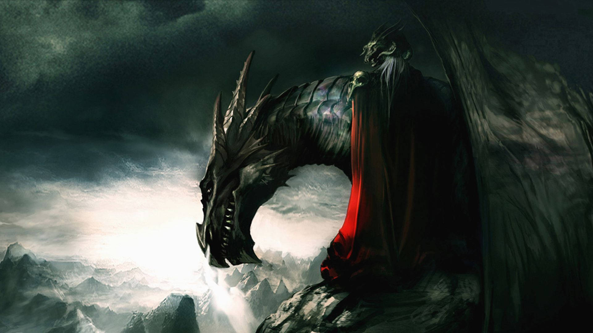 Schwarzer Drache, Rotes Maul, Nebel, Berge, Dark Fantasy, Full HD, Breitbild-Hintergrundbild