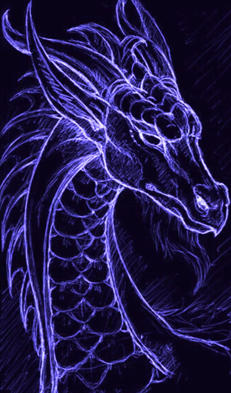 Drache, Strichzeichnung, Lila Linien, Dunkler Hintergrund, Sperrbildschirm fürs iPhone