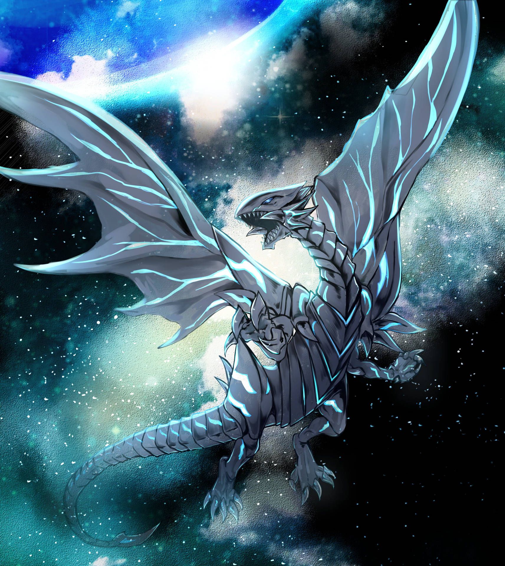 Blauäugiger weißer Drache, Yu-Gi-Oh!, Weltall, Weißer Drache, Flügel, Hintergrundbild fürs iPad
