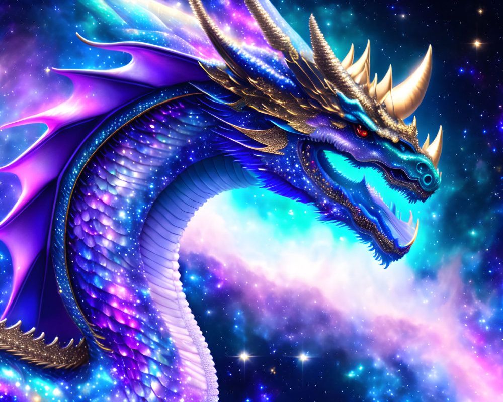 Drache, Galaxie, Bunte Schuppen, Goldene Hörner, Nahaufnahme, Hintergrundbild