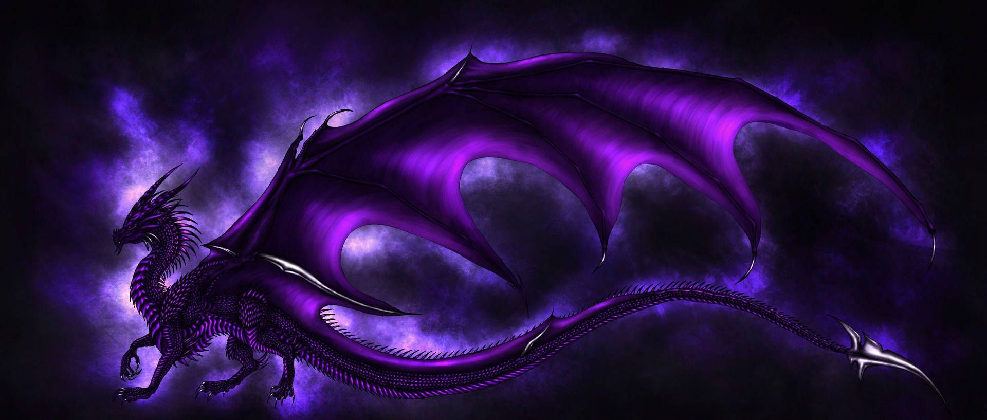 Drache, Lila, Leuchtend, Schwarzer Hintergrund, Flügel, Full HD Wallpaper