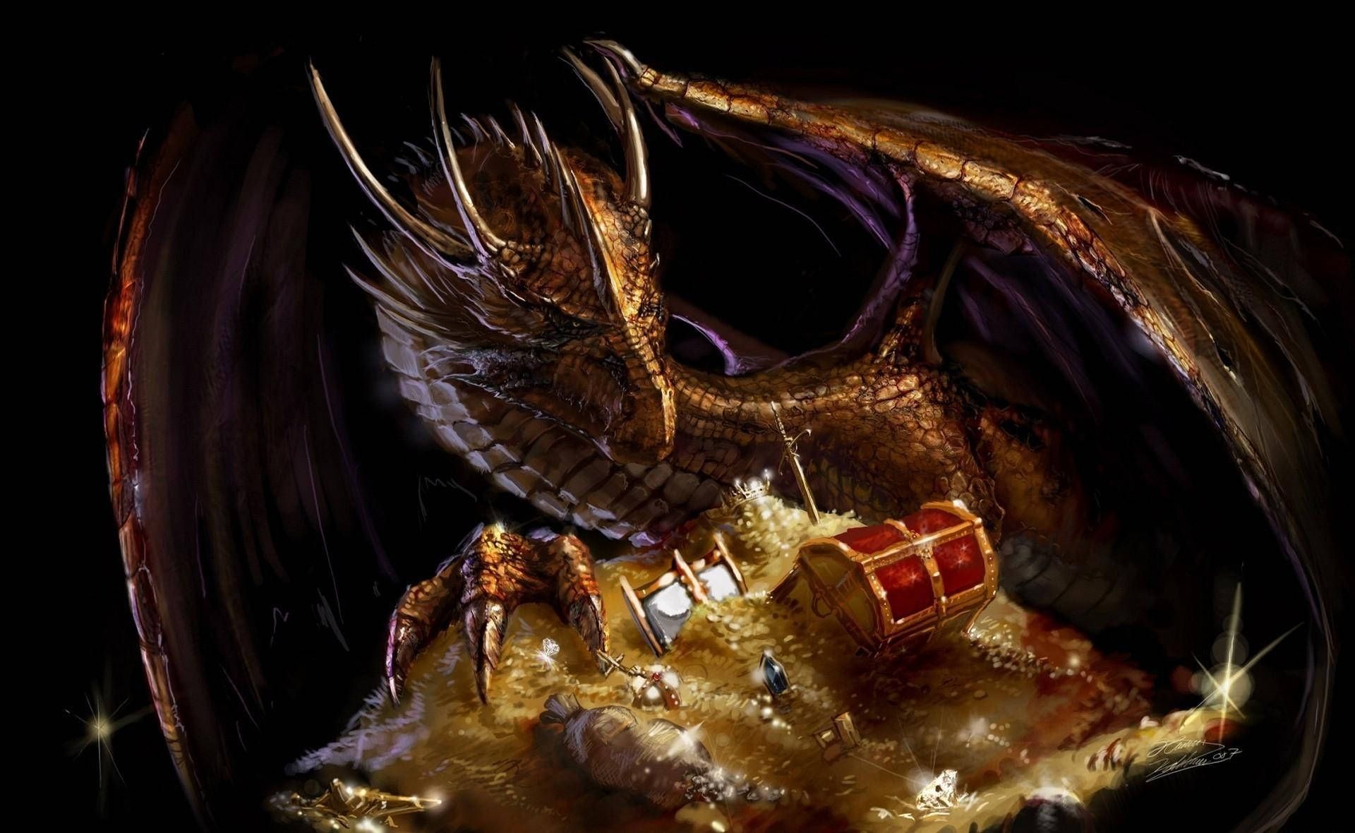 Drache, Goldschatz, Schatztruhe, Flügel, Fantasy, Full HD, Desktop-Hintergrund für Windows
