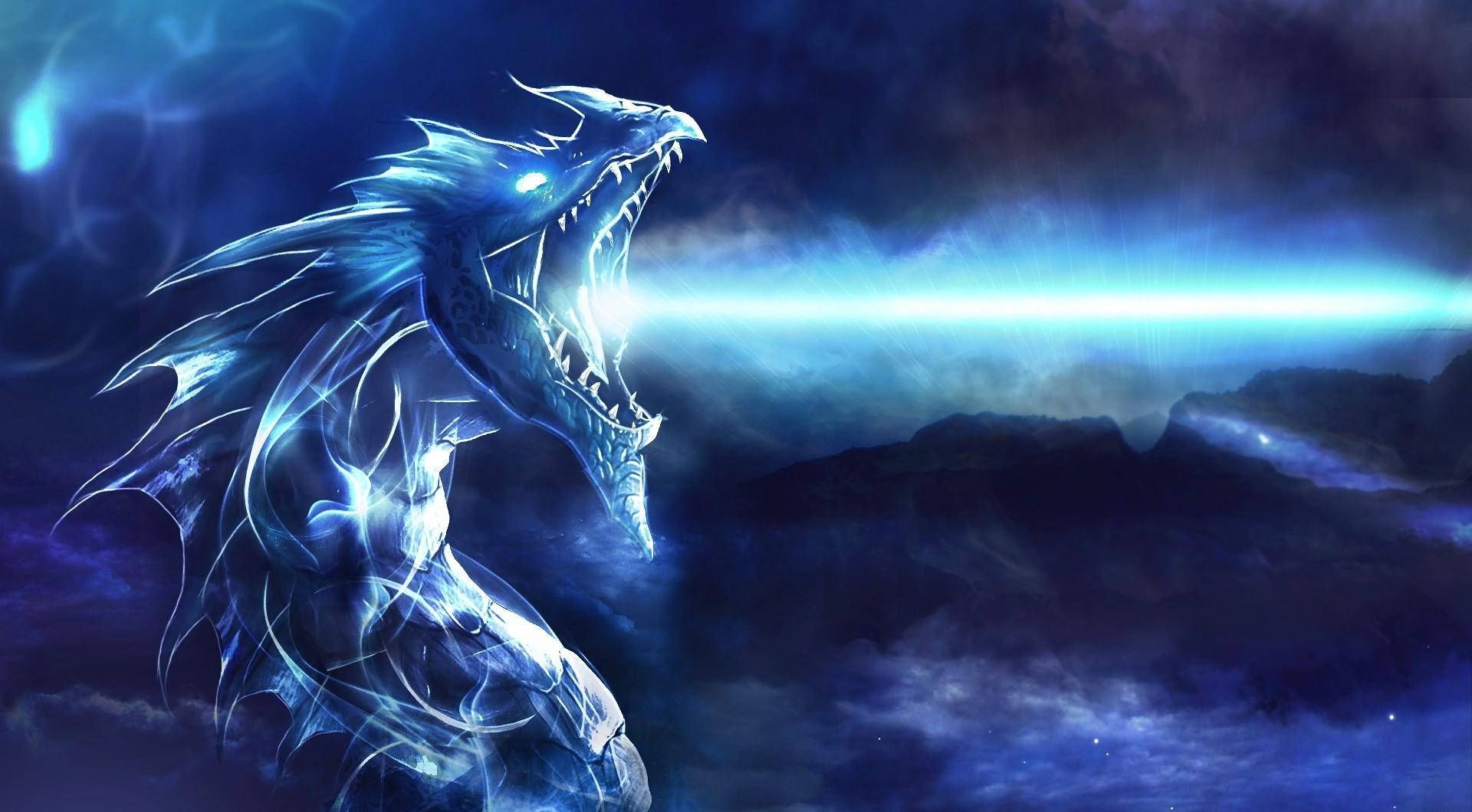 Eisdrache, Blauer Strahl, Nacht, Kristalle, Fantasy, Full HD, Desktop-Hintergrund für Windows