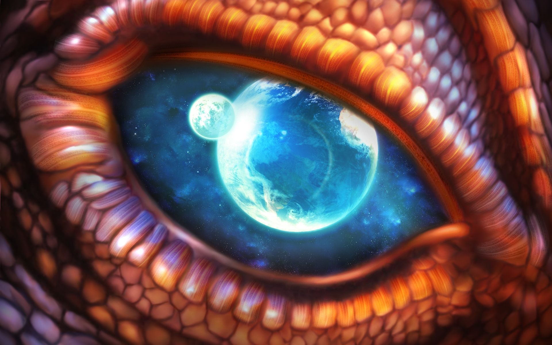 Drachenauge, Planet, Orangefarbene Schuppen, Blau, Makro, Full-HD-Hintergrundbild für PC