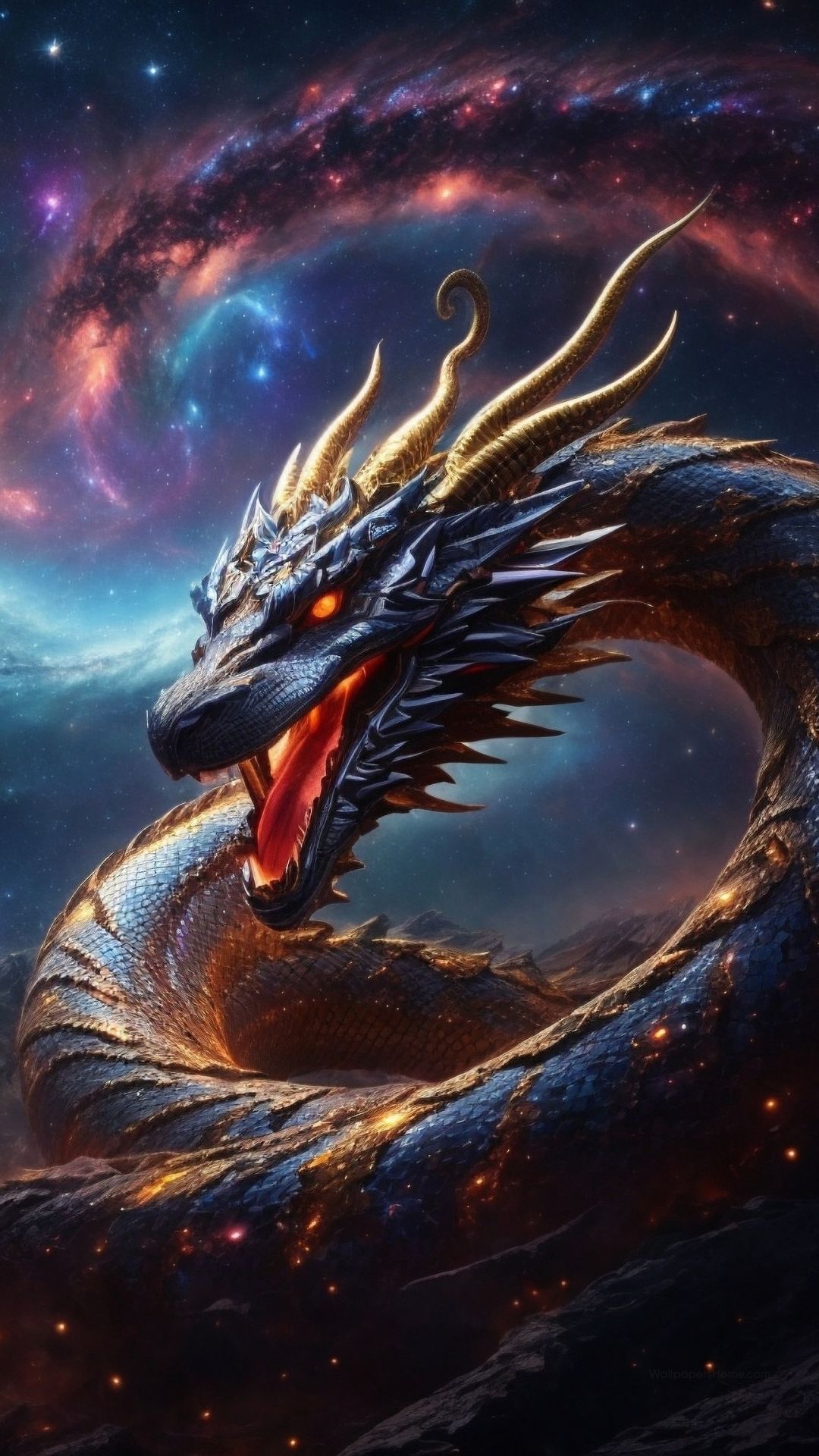Drache, Weltraum, Nebel, Goldene Hörner, Glut, Full HD, Handy-Hintergrund im Hochformat