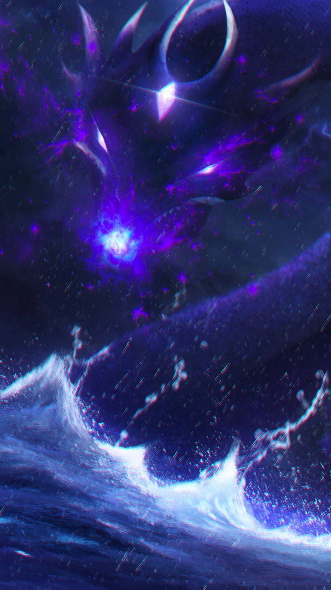Drache, Wellen, Lila, Sternenhimmel, Dunkel, Full HD, Hintergrundbild fürs Handy