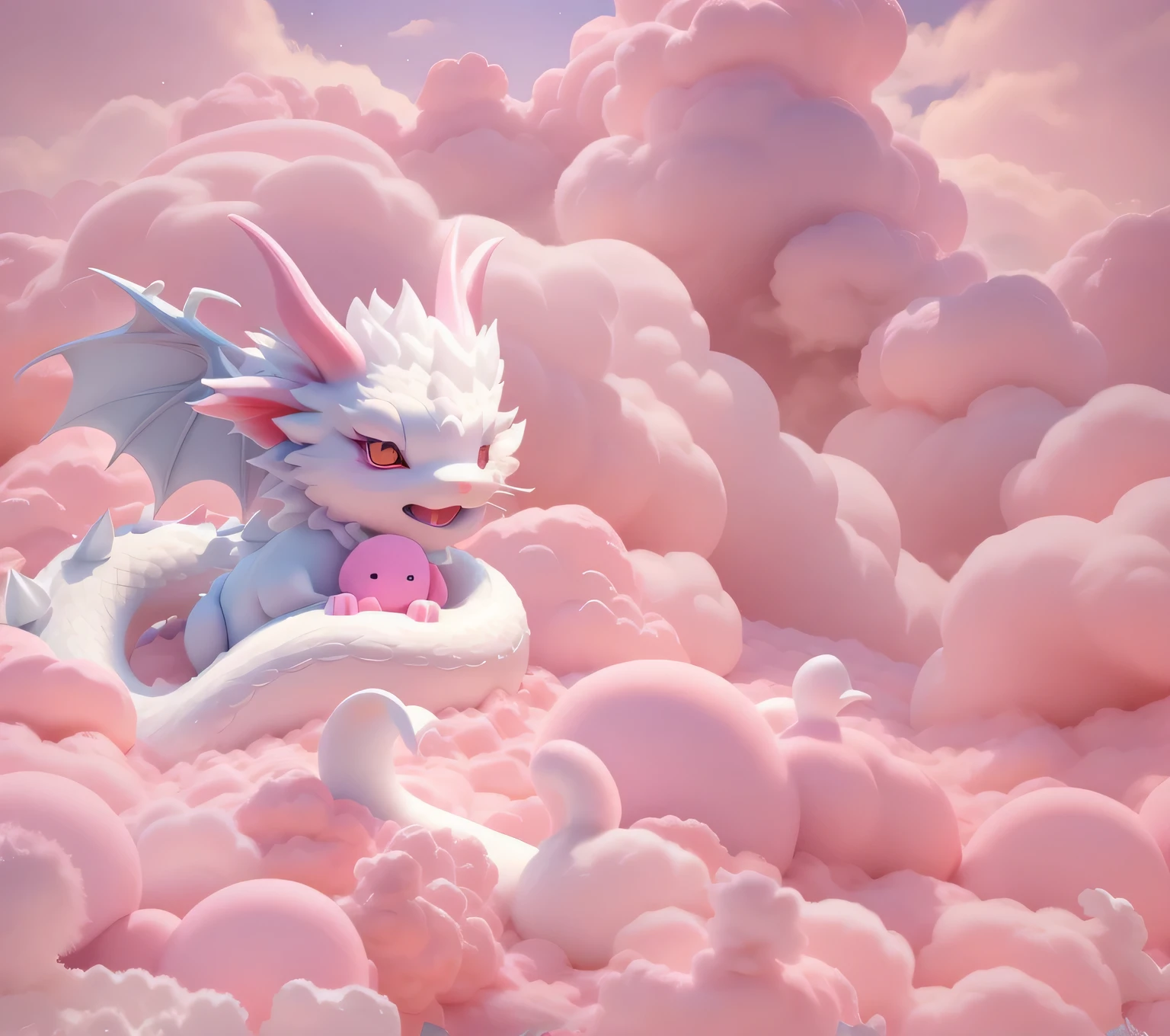 Weißer Drache, Niedlich, Rosa Wolken, Kawaii, 3D-Render, Hintergrundbild fürs Tablet