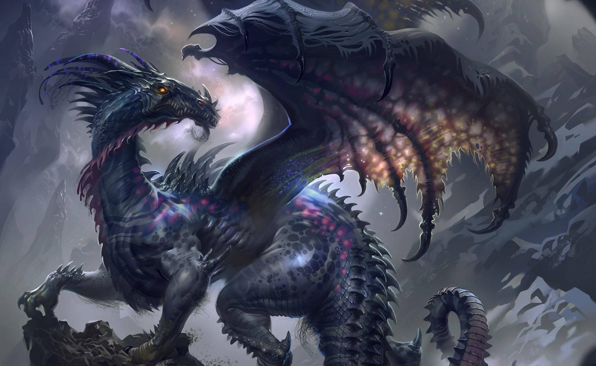 Schwarzer Drache, Flügel, Sturm, Felsen, Fantasy-Kunst, Full HD, Desktop-Hintergrund für Windows