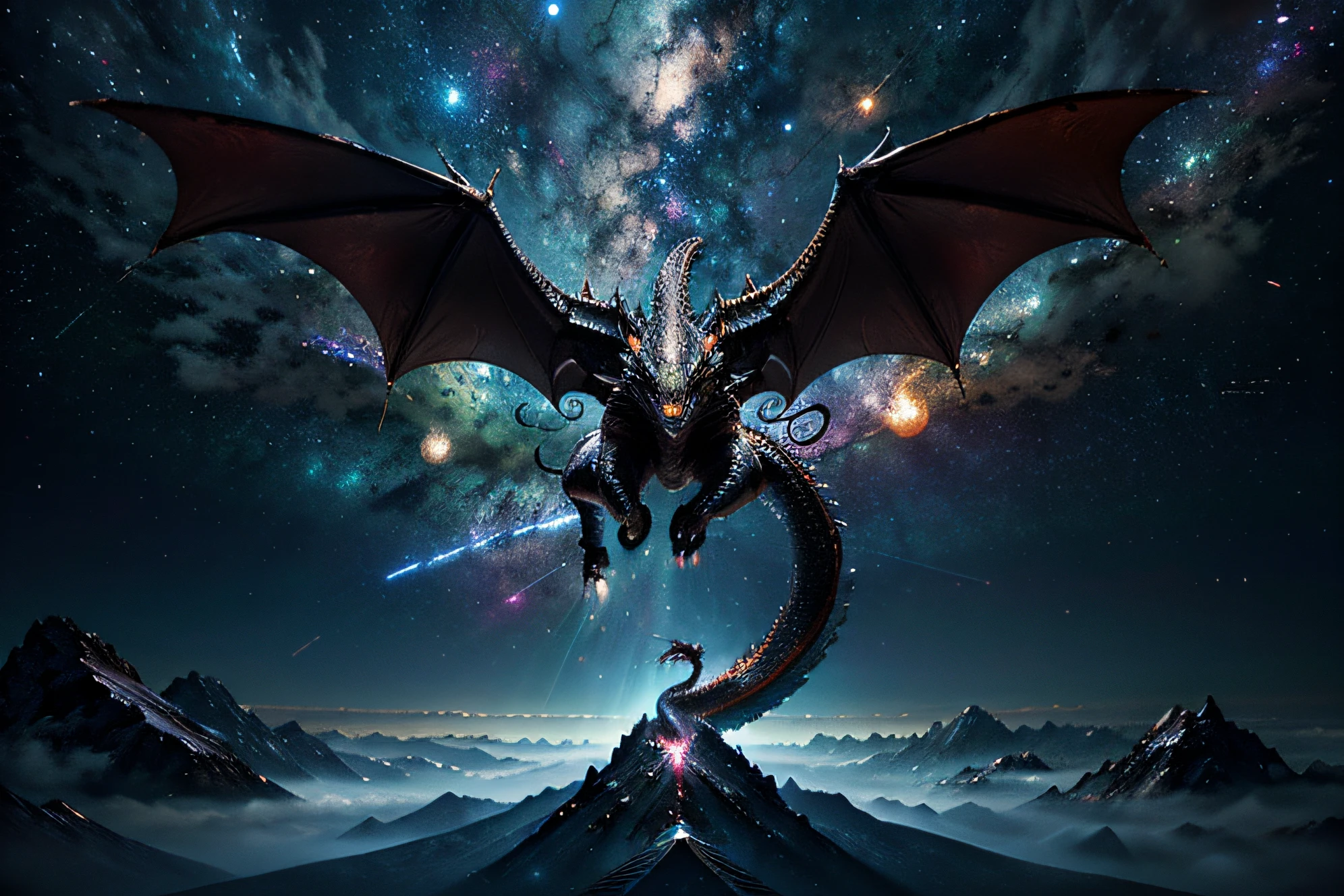 Drache, Milchstraße, Berggipfel, Nacht, Flügel, Full HD, Desktop-Hintergrund für Windows