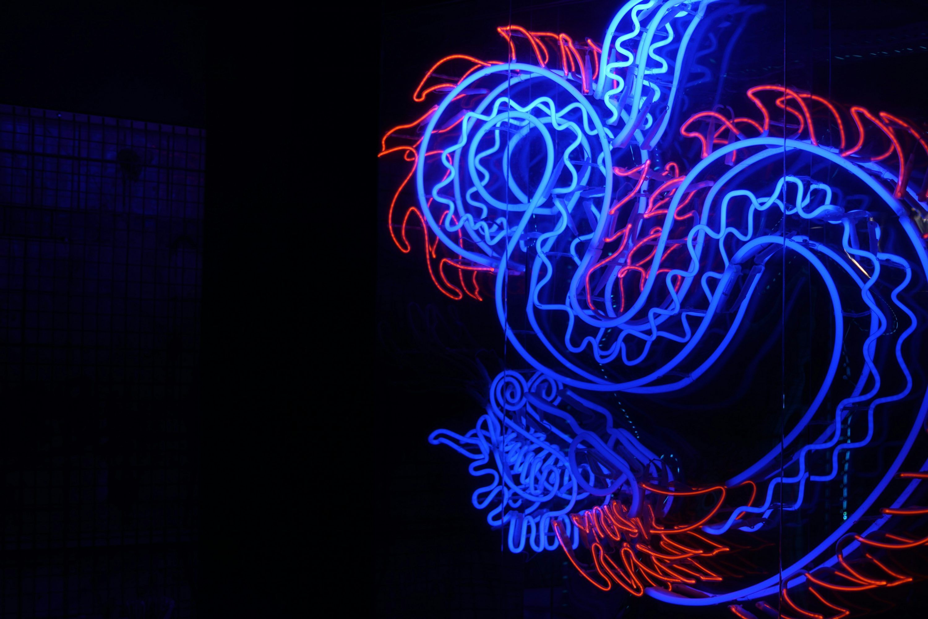 Chinesischer Drache, Neonblau, Leuchtschrift, Dunkle Wand, Neon, 2K, Laptop-Hintergrundbild