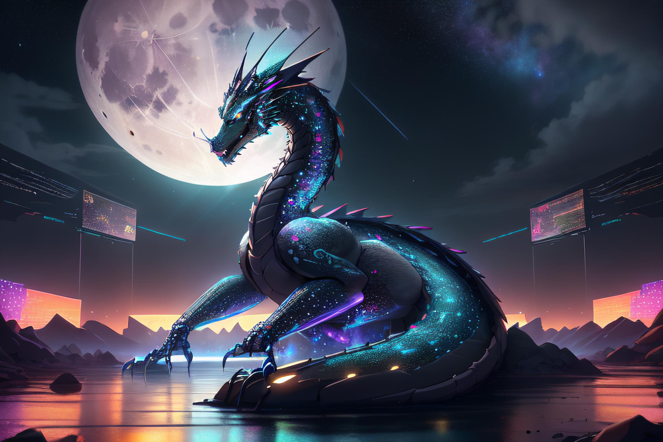 Drache, Vollmond, Synthwave, Nacht, Spiegelung, Full HD, Desktop-Hintergrund für Windows