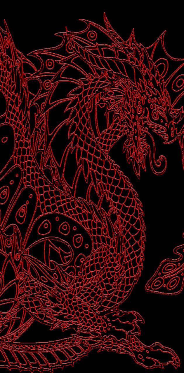 Chinesischer Drache, Rot, Schwarzer Hintergrund, Linienkunst, Hochformat, Sperrbildschirm fürs iPhone