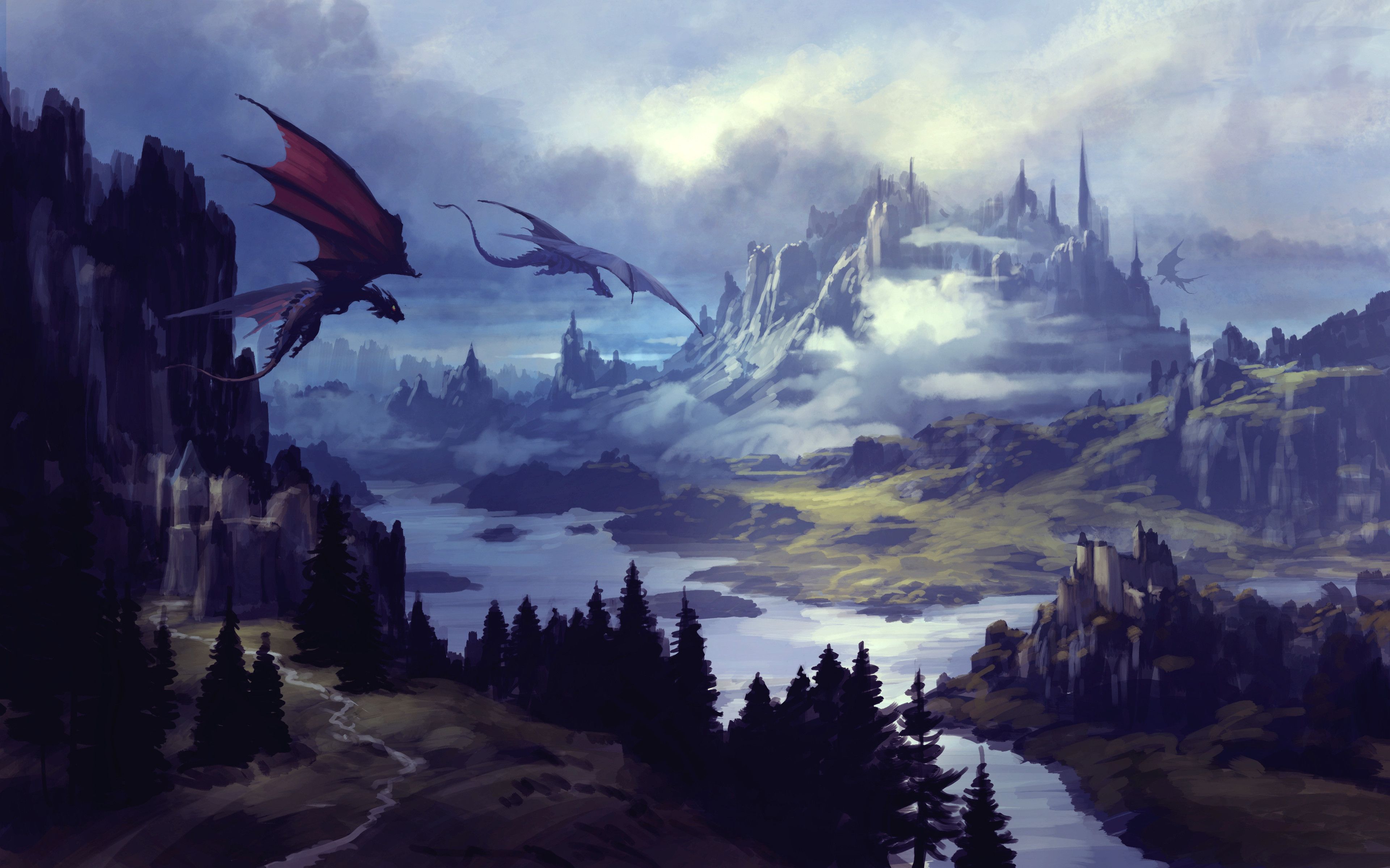 Drachen, Fantasy-Landschaft, Burg, Berge, Fluss, 4K, Hintergrundbild für den PC