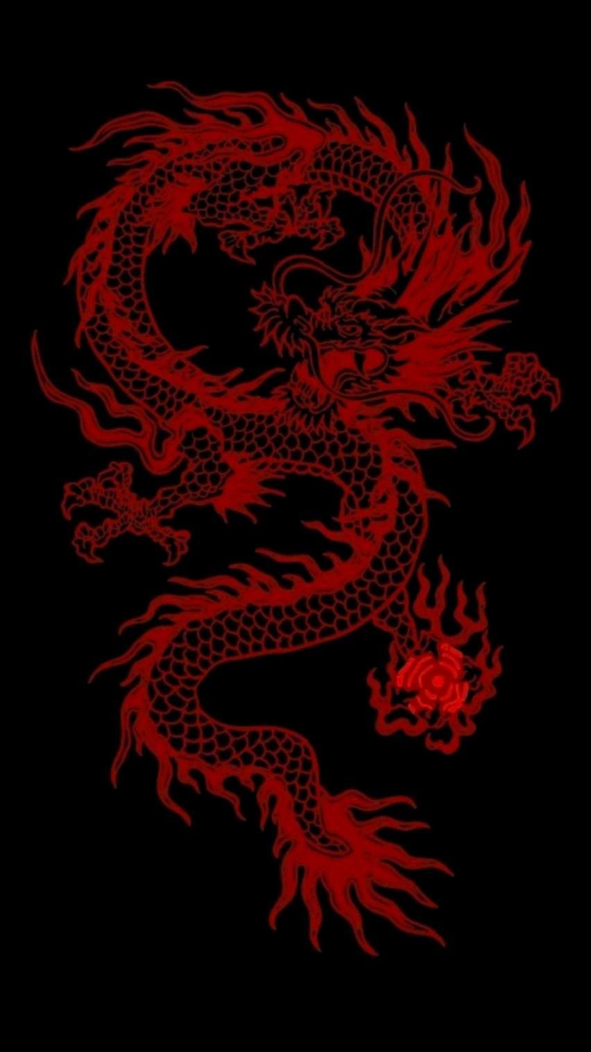 Chinesischer Drache, Rot, Schwarzer Hintergrund, Minimalistisch, Linienkunst, Sperrbildschirm
