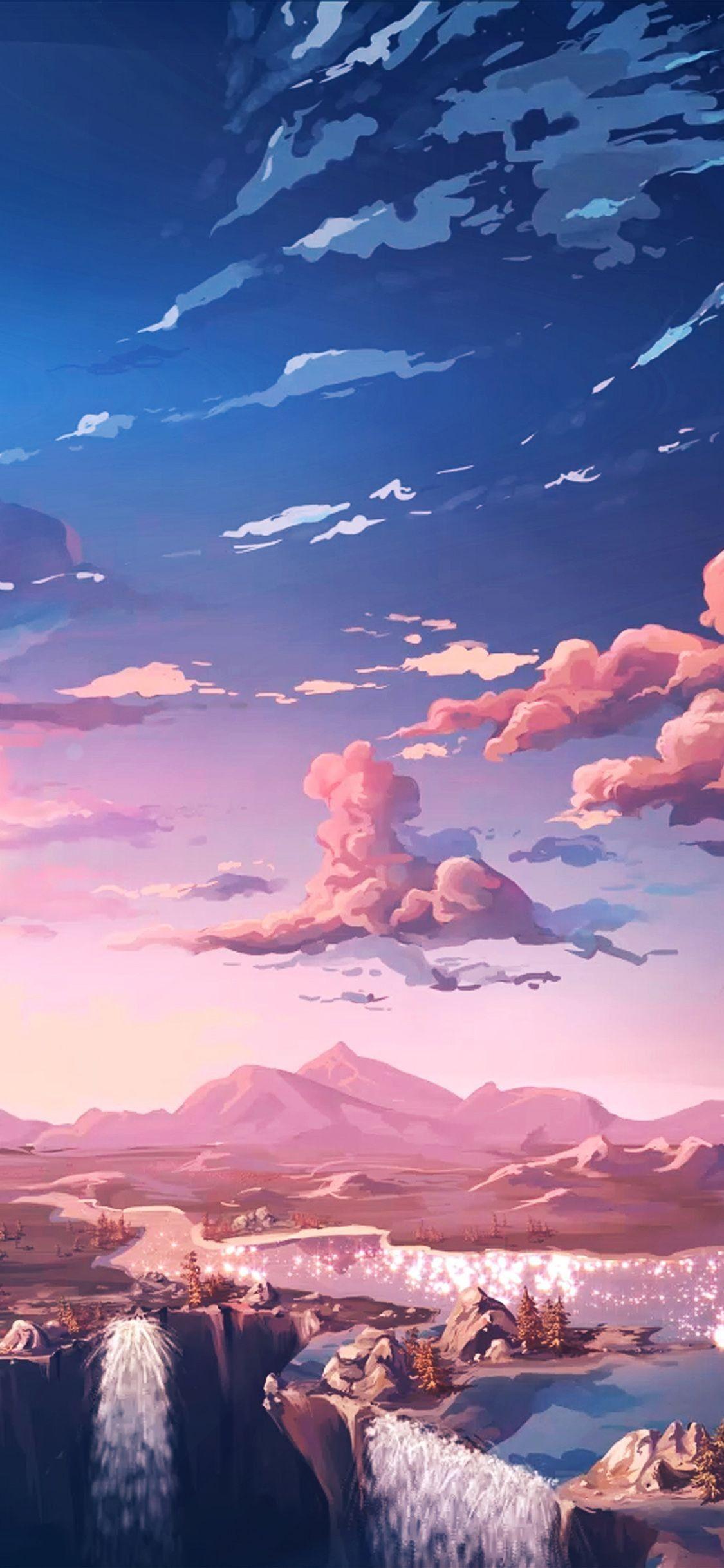 Anime-Himmel, Wolken, Landschaft, Rosa, Blau, Full HD, Handy-Hintergrund im Hochformat