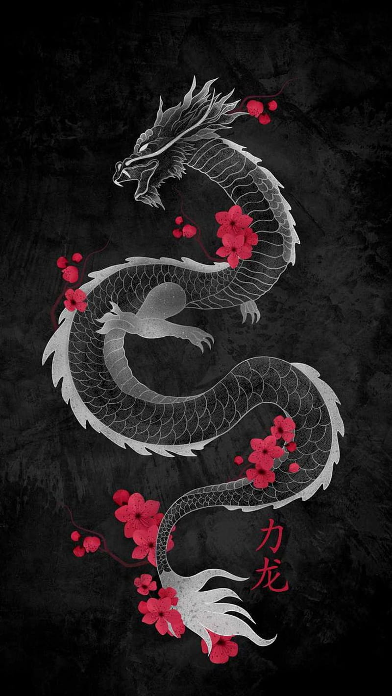 Japanischer Drache, Kirschblüten, Grau, Schwarzer Hintergrund, Tattoo-Stil, Sperrbildschirm fürs iPhone