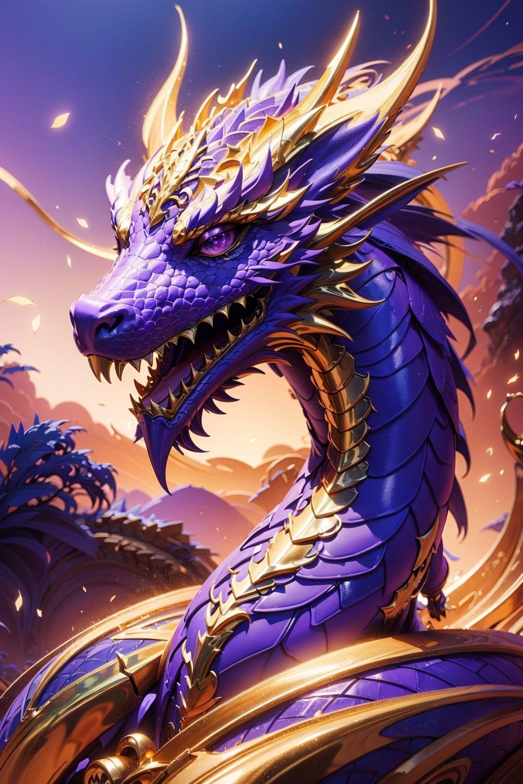 Drache, Lila Schuppen, Gold, Fantasy, Porträt, HD, Handy-Hintergrund im Hochformat