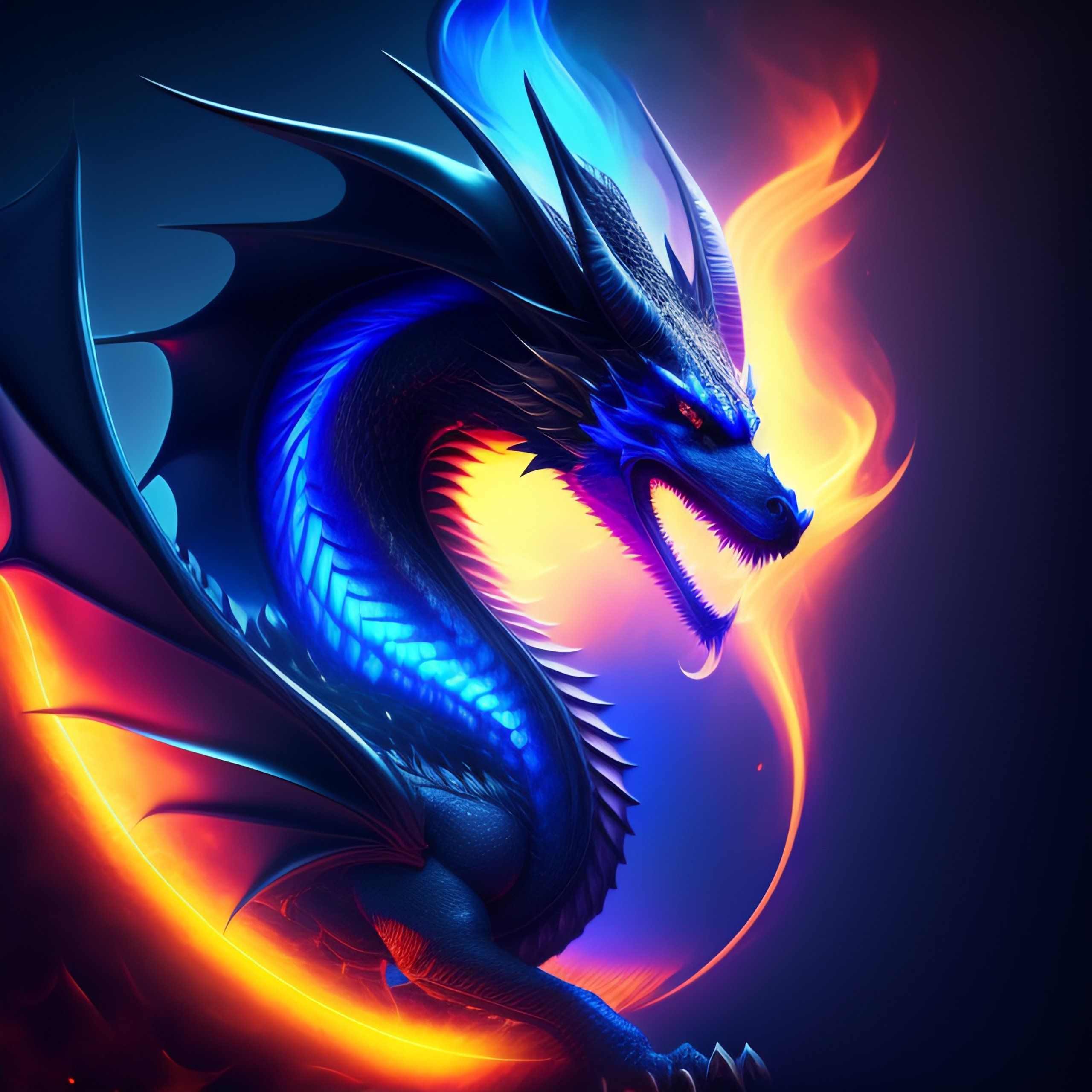 Drache, Feuer, Blau, Orange, Digital Art, 2K, Hintergrundbild fürs Tablet