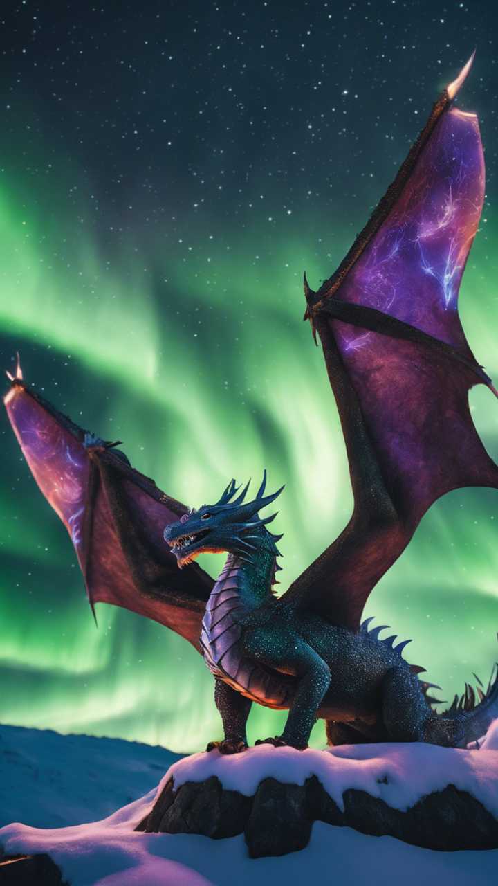 Drache, Polarlicht, Rote Flügel, Schnee, Nacht, HD, Hintergrundbild fürs Handy
