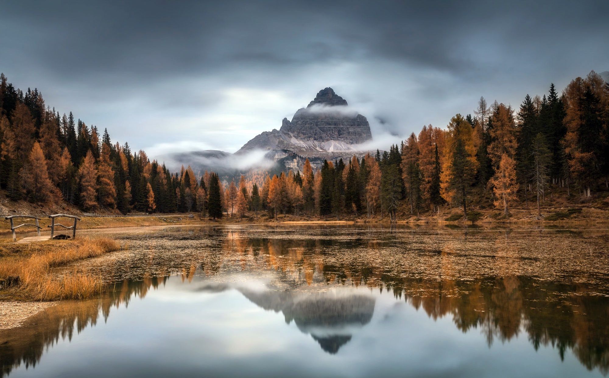 Lago d'Antorno, Drei Zinnen, Dolomiten, Bergsee, Herbst, Wolken, Full-HD-Hintergrundbild für PC