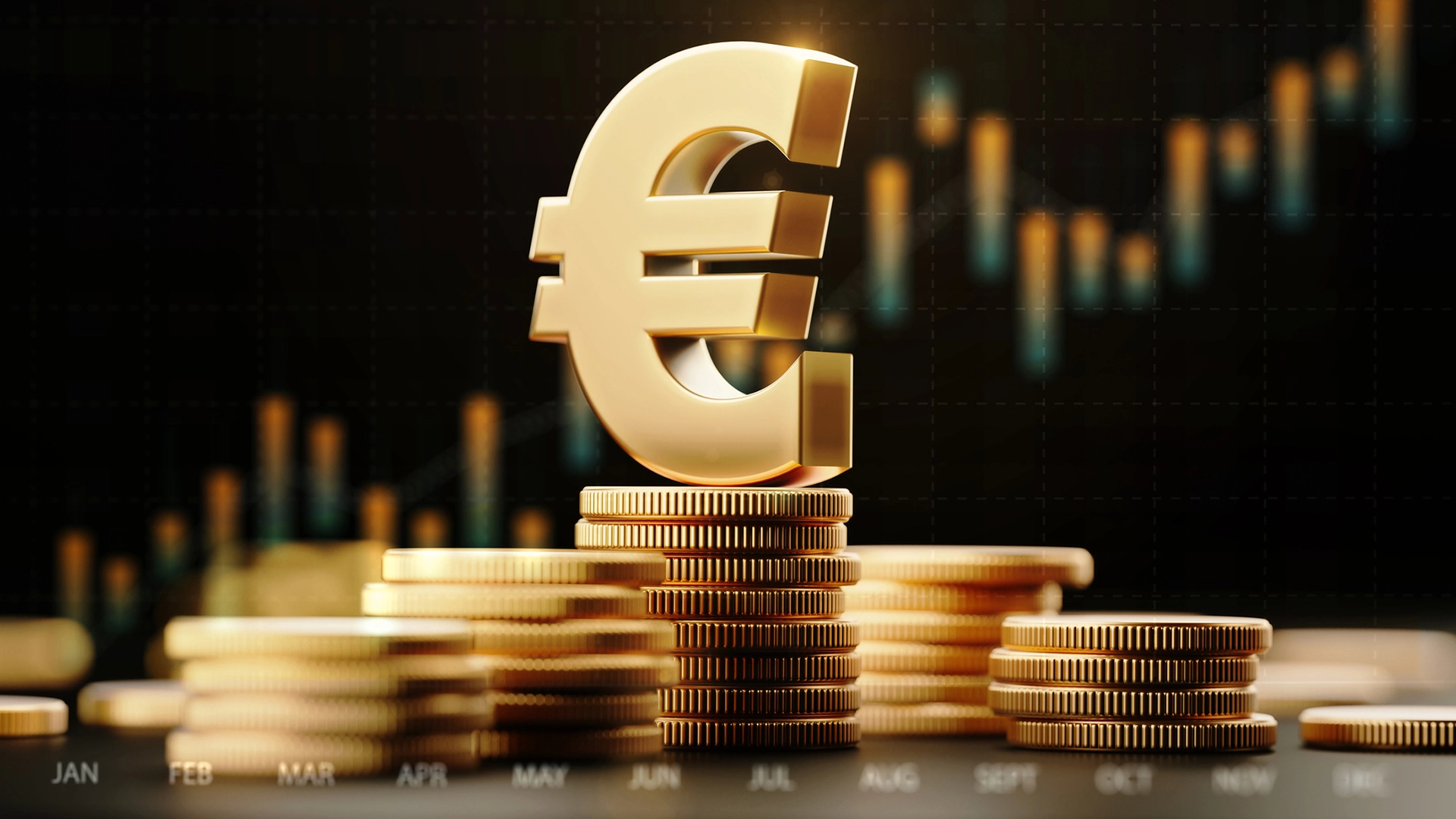 Euro-Zeichen, Goldmünzen, Münzstapel, Kerzenchart, Gold, Full HD, Laptop-Hintergrundbild