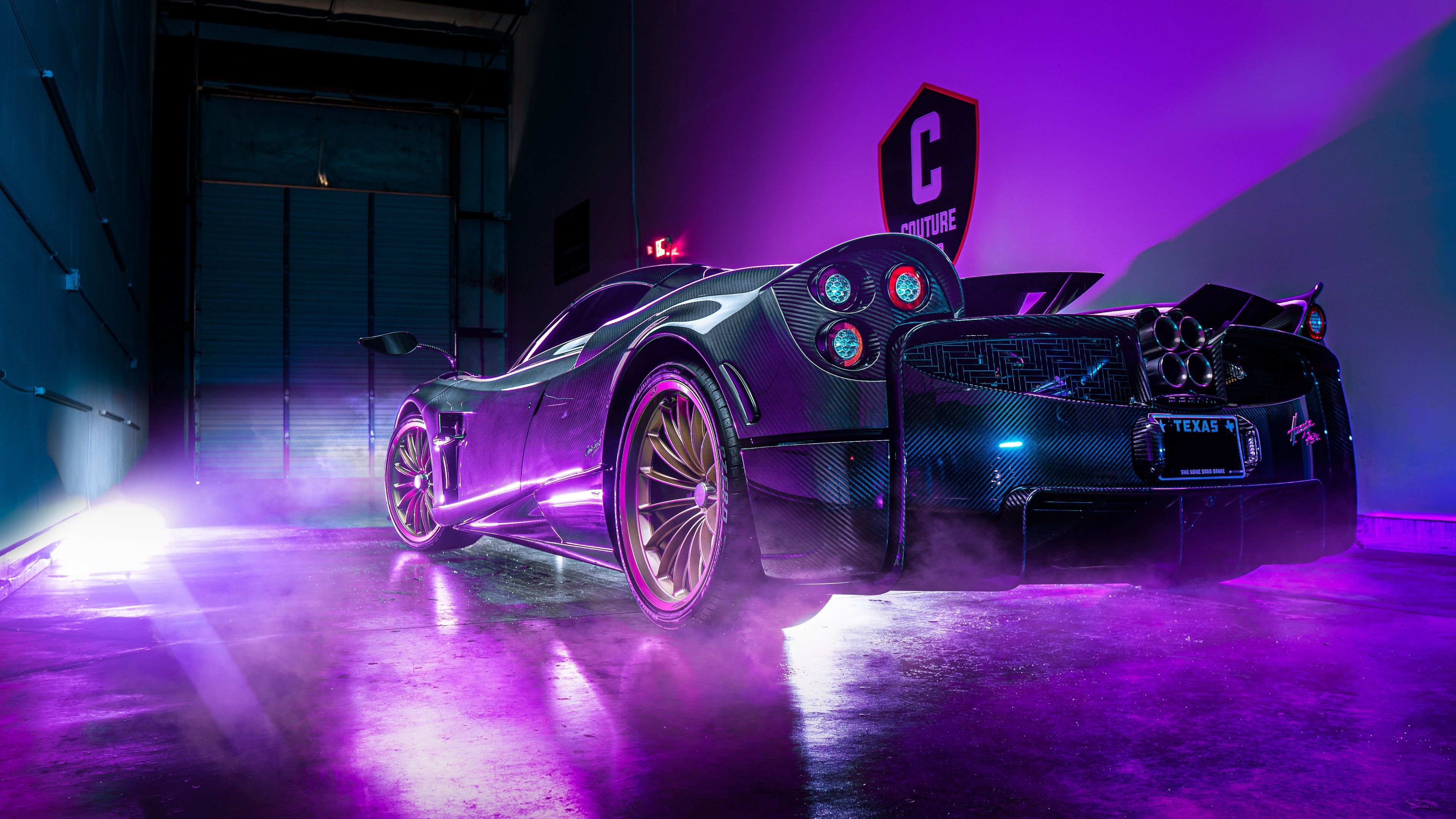 Pagani Huayra, Pagani, Neonlicht, Violett, Garage, 4K 2160p, Desktop-Hintergrundbild