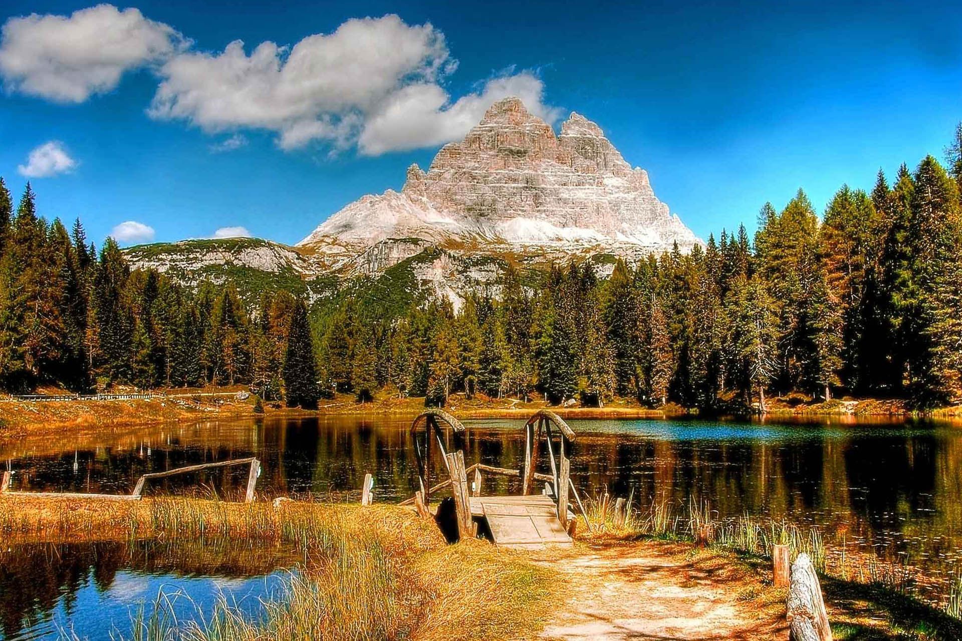 Lago d'Antorno, Drei Zinnen, Dolomiten, Italien, Holzsteg, Sommer, Full HD, Laptop-Hintergrundbild