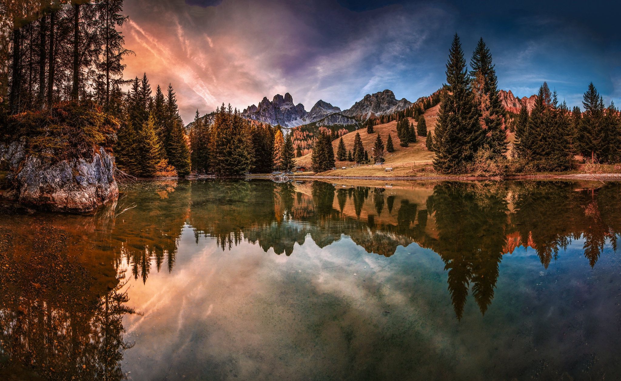 Lago d'Antorno, Dolomiten, Abendrot, Nadelbäume, Spiegelung, Full HD, PC-Hintergrundbild