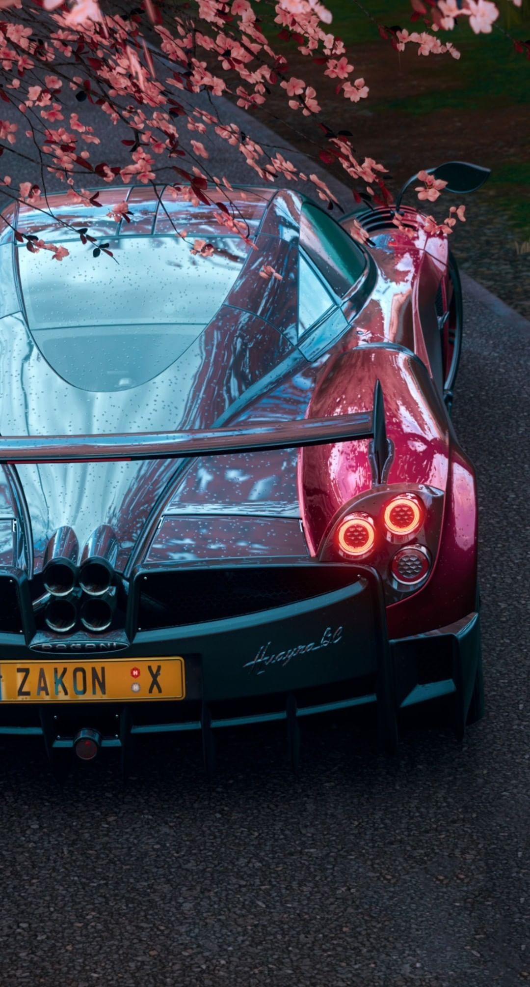 Pagani Zonda, Pagani, Heckansicht, Rosa Blüten, Hypercar, Full HD, iPhone-Hintergrundbild