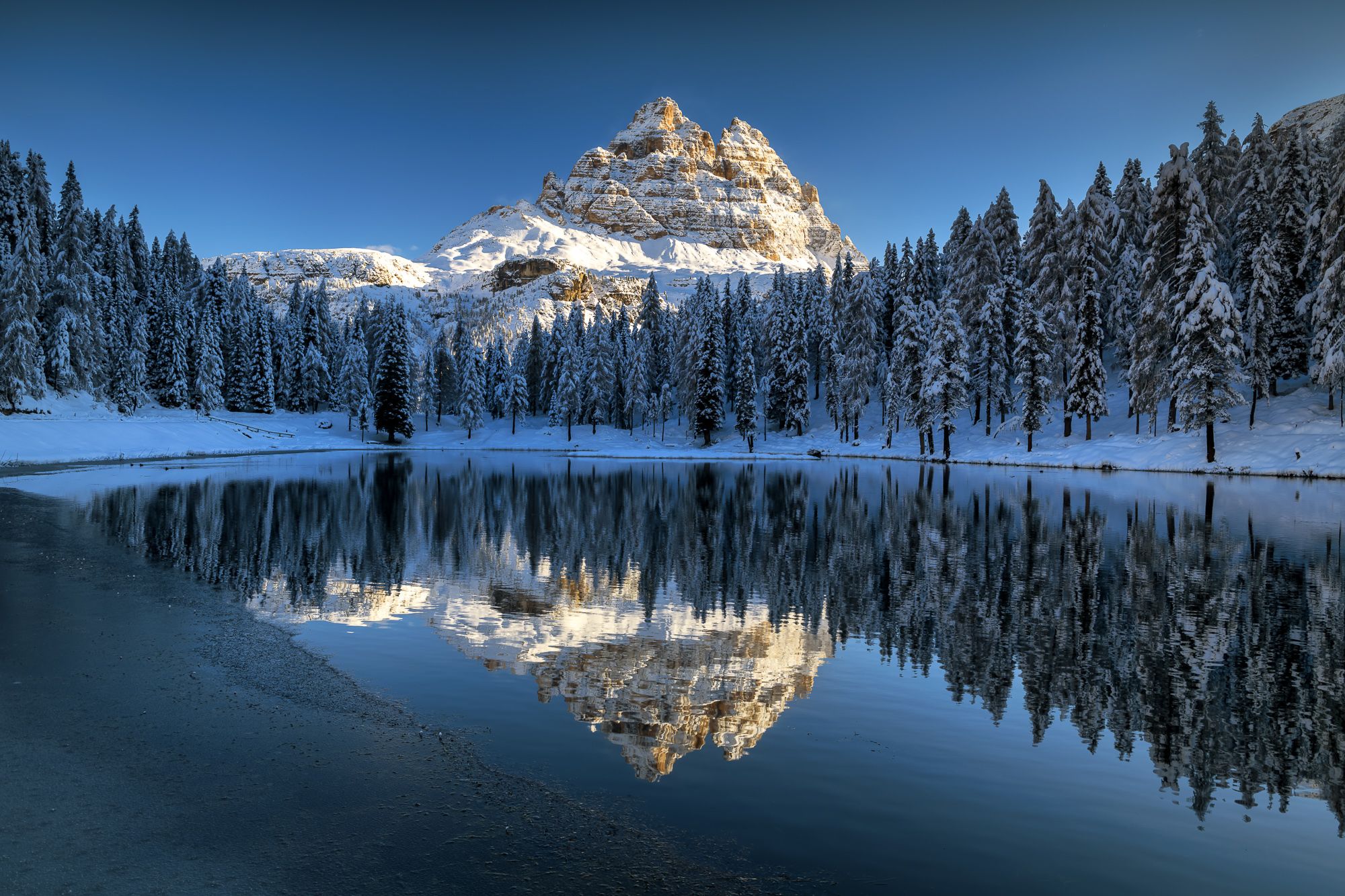 Lago d'Antorno, Drei Zinnen, Winter, Schnee, Spiegelung, Dolomiten, Full HD, Laptop-Hintergrundbild