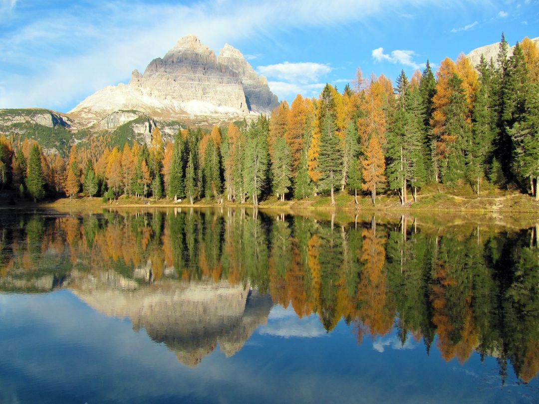 Lago d'Antorno, Drei Zinnen, Dolomiten, Italien, Lärchenwald, Spiegelung, Hintergrundbild fürs iPad