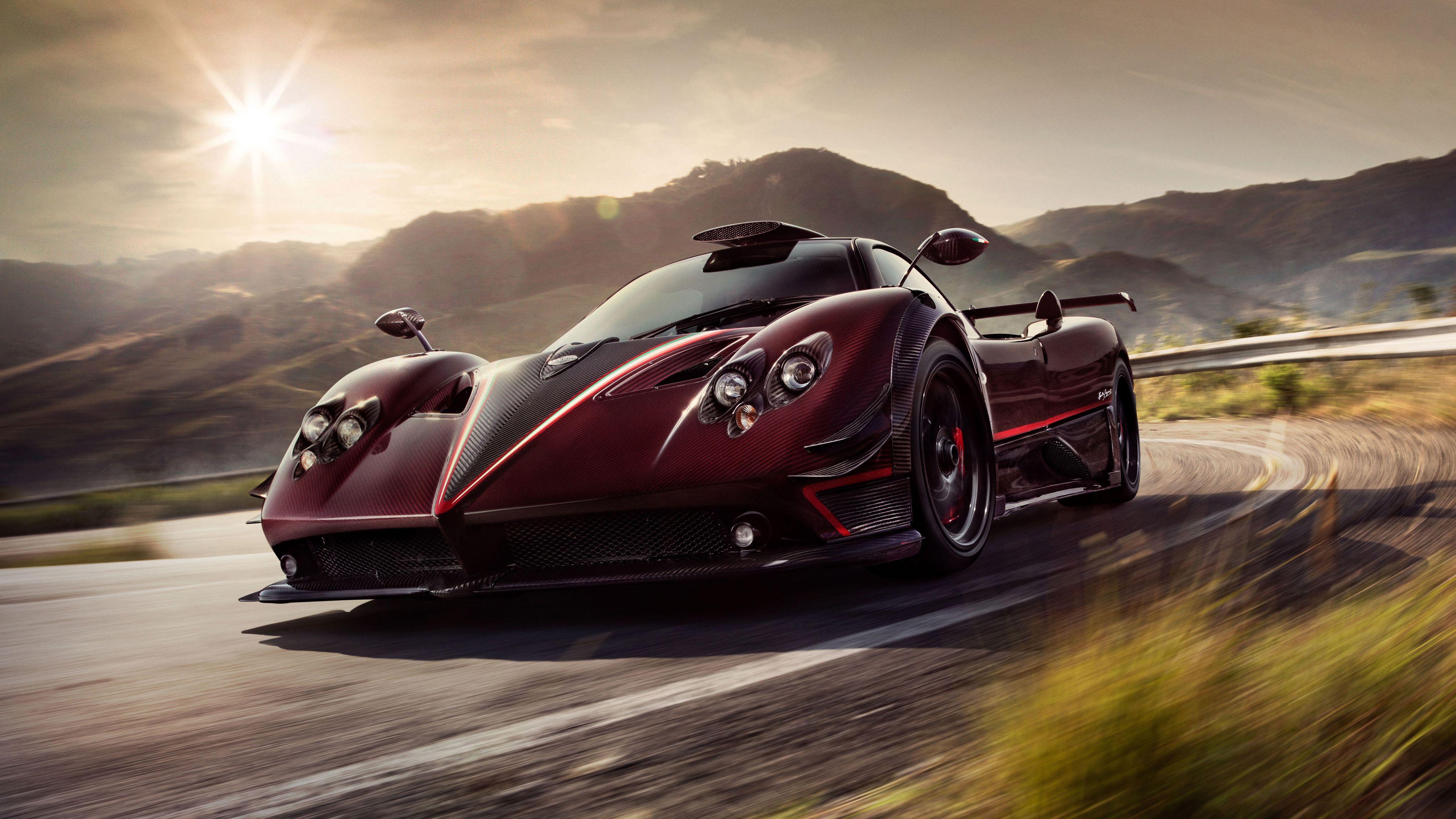Pagani Zonda, Pagani, Rot, Kurve, Gegenlicht, 4K, Hintergrundbild für den PC