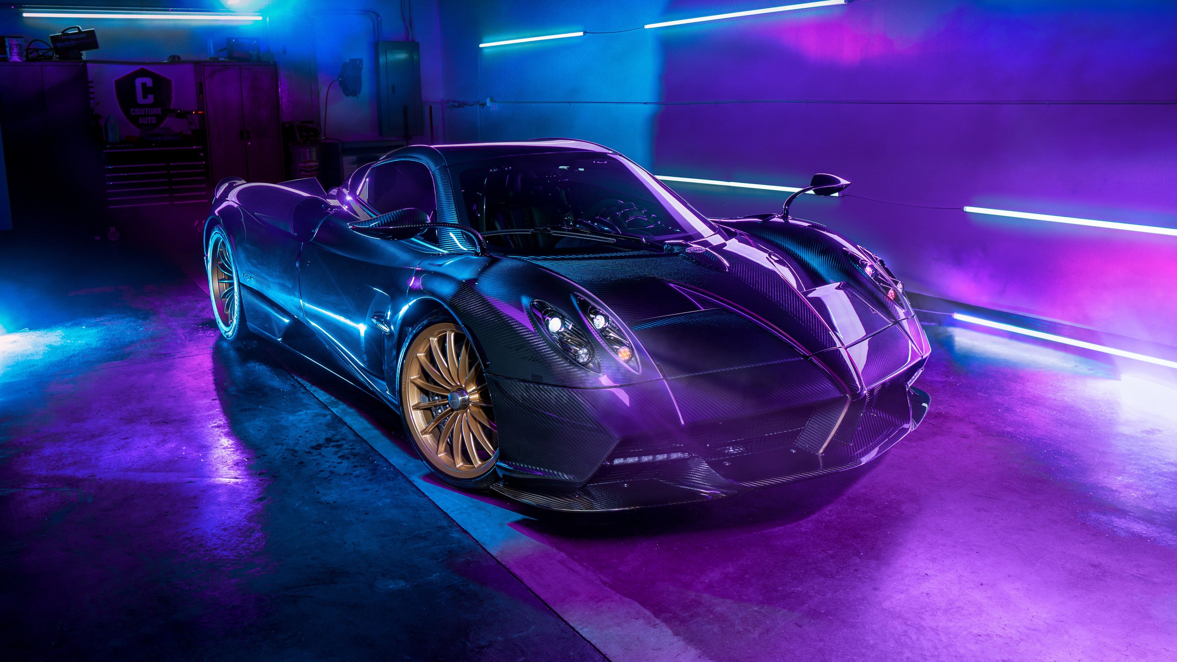 Pagani Huayra, Pagani, Neonlicht, Violett, Goldene Felgen, 4K, Windows-Hintergrundbild