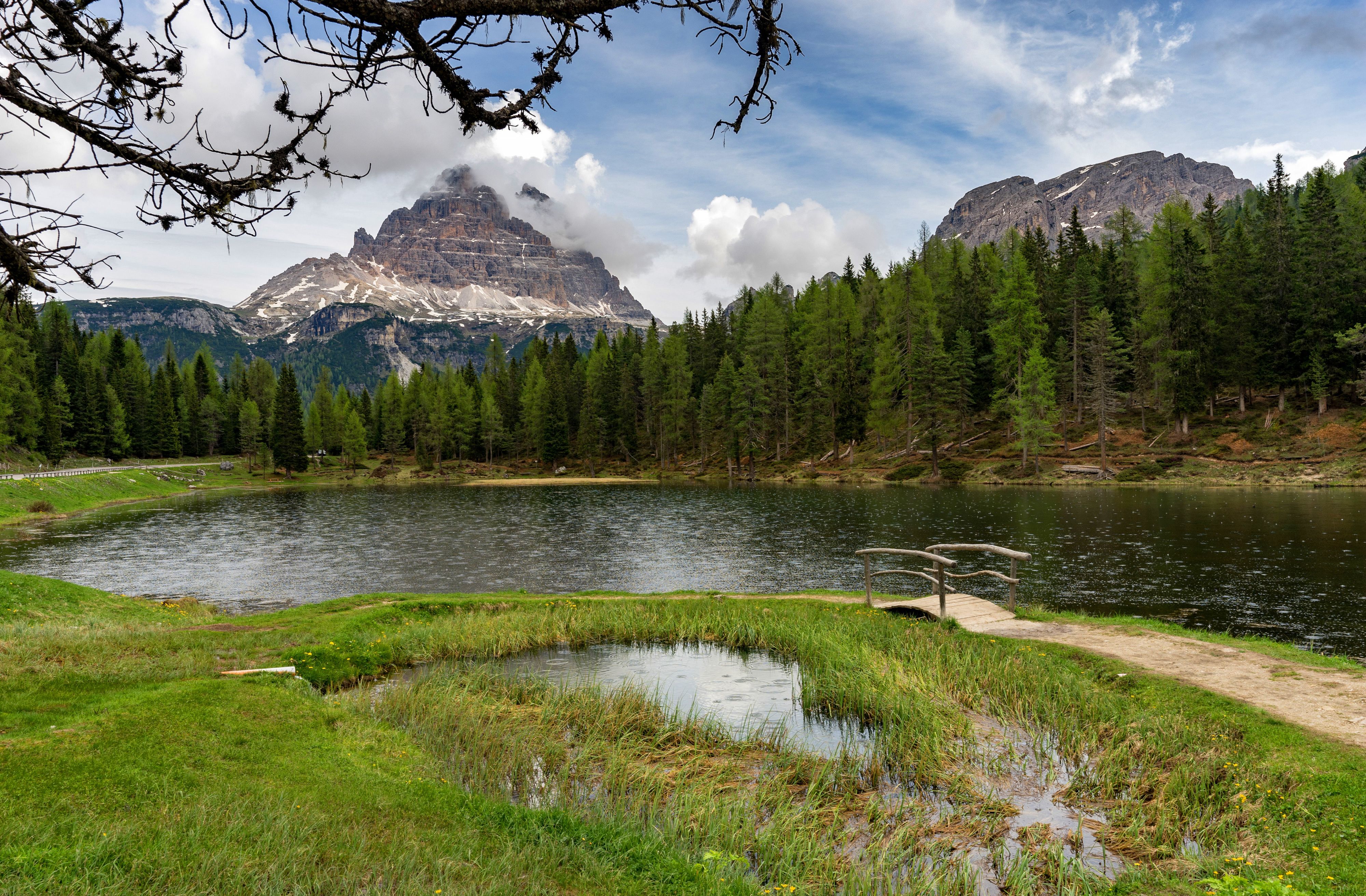 Lago d'Antorno, Drei Zinnen, Wiese, Holzsteg, Sommer, 4K, Hintergrund für den Desktop