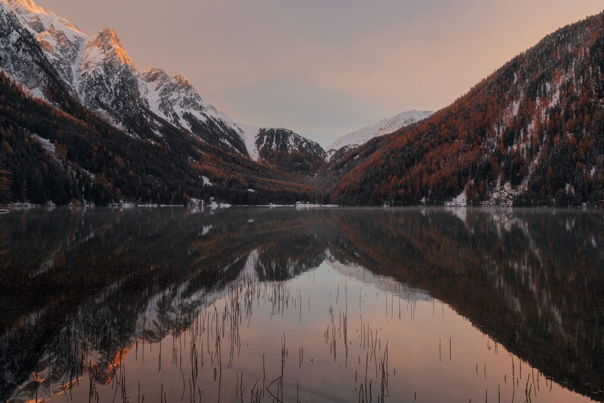 Bergsee, Alpen, Schnee, Spiegelung, Dämmerung, Hintergrundbild