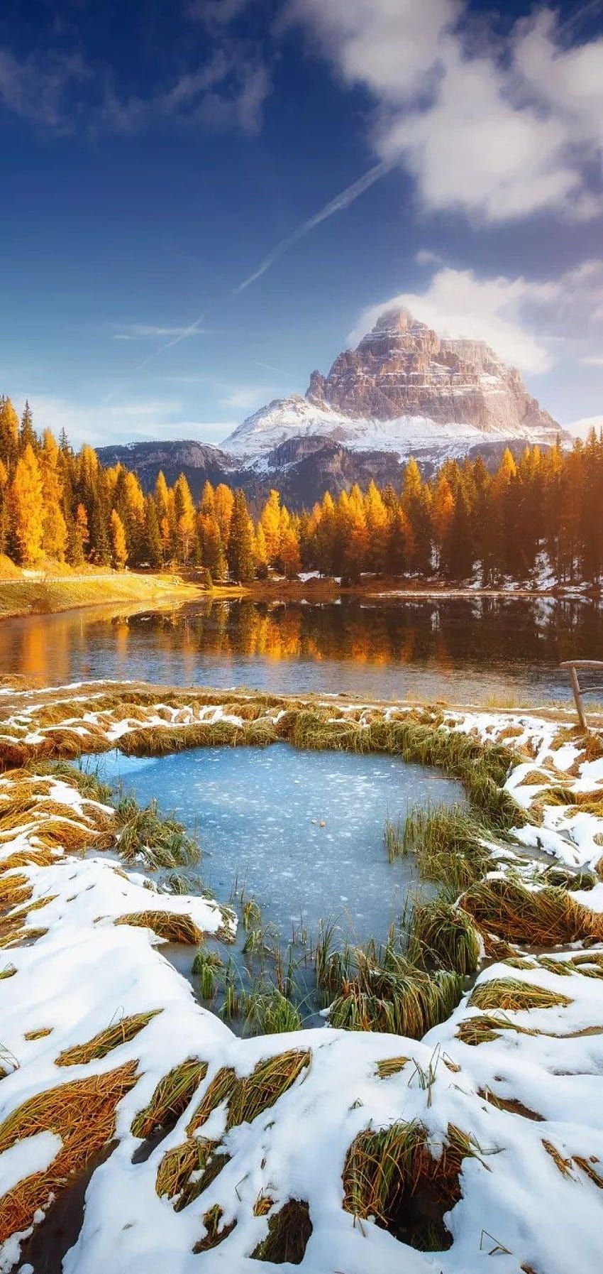Lago d'Antorno, Drei Zinnen, Schnee, Herbstlärchen, Winterbeginn, HD, Handy-Hintergrundbild