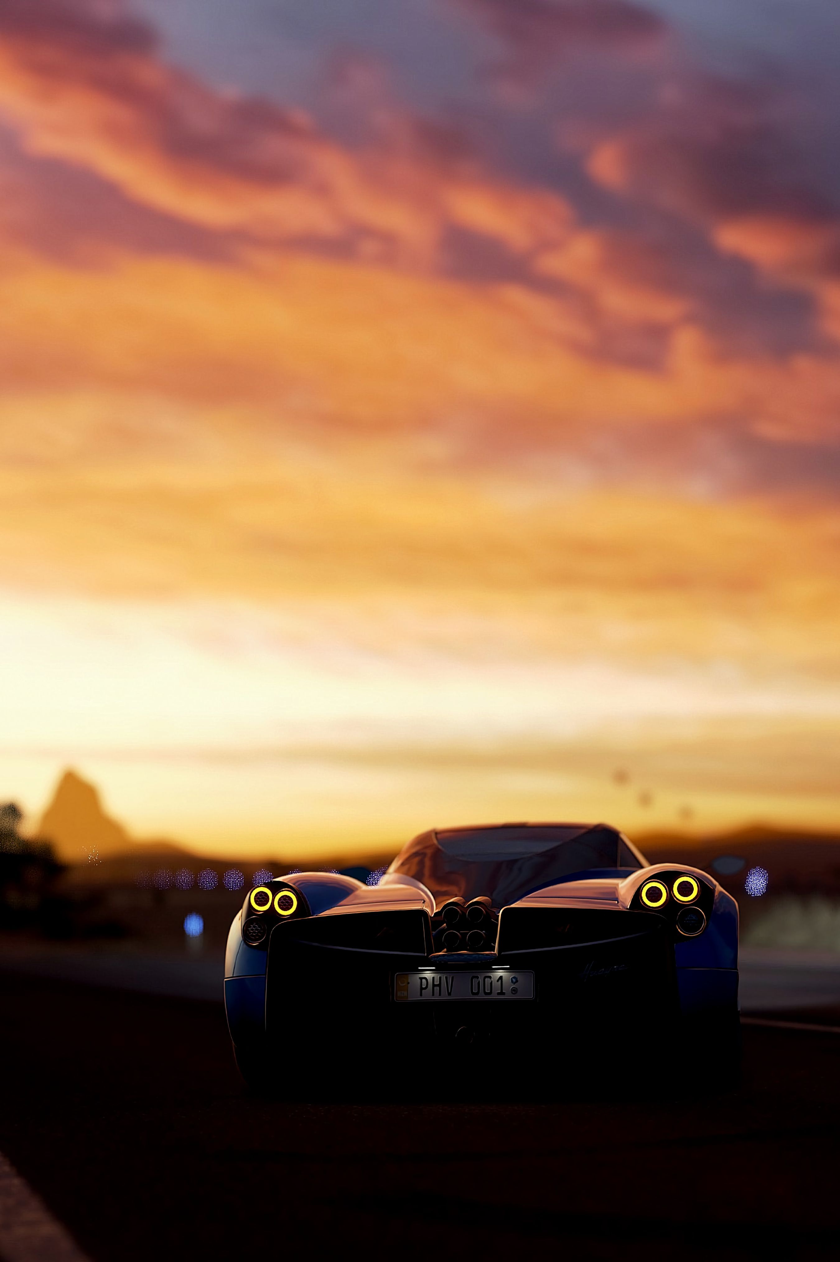 Pagani, Sonnenuntergang, Silhouette, Hypercar, Wolken, QHD+, Handy-Hintergrund im Hochformat