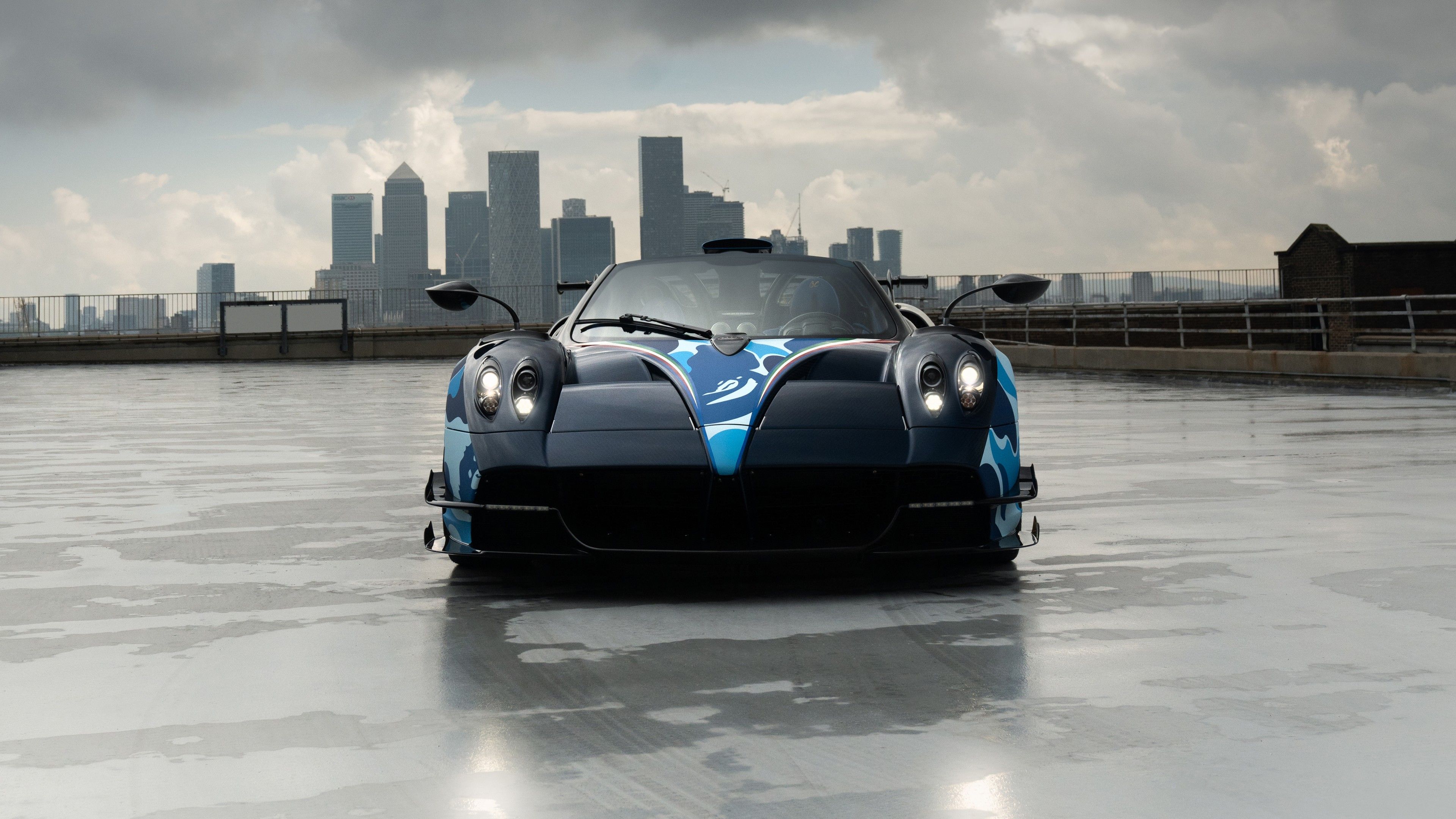 Pagani Huayra BC, Pagani, Skyline, Nasse Straße, Blau, 3840x2160, 4K-Hintergrundbild für PC