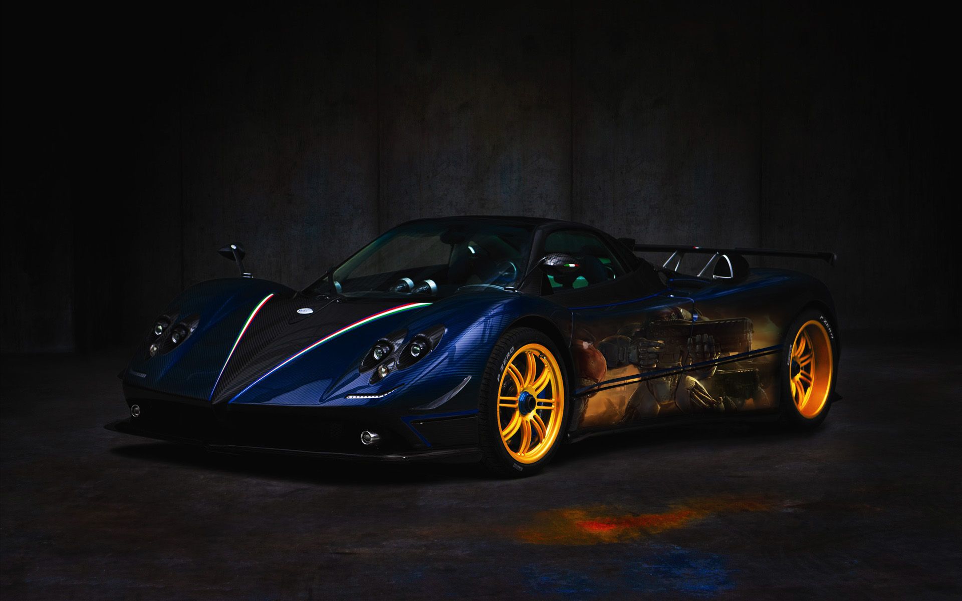 Pagani Zonda, Pagani, Blau, Goldene Felgen, Dunkel, 16:10, Full-HD-Hintergrundbild für den Desktop