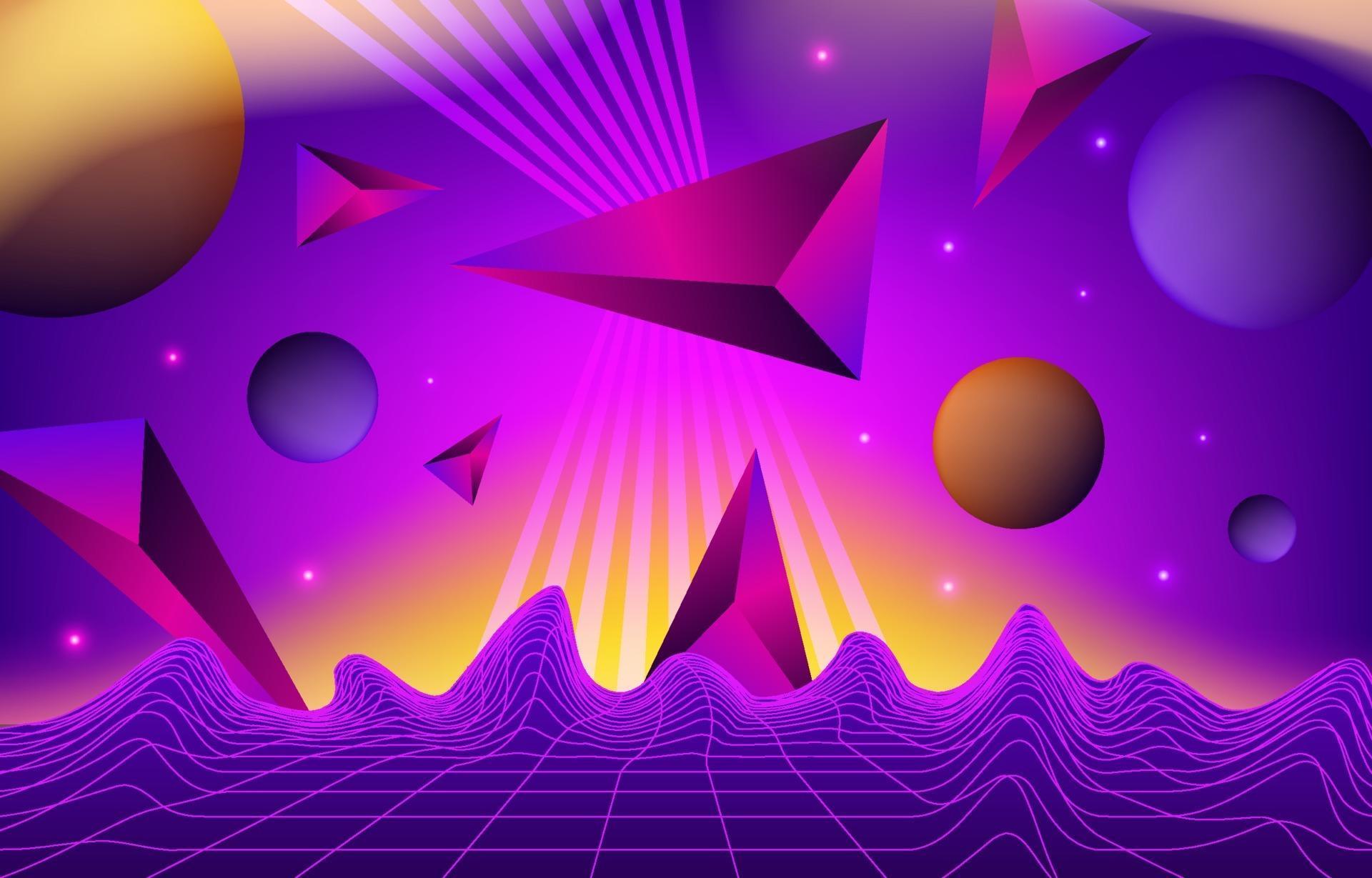 Retrowave, Dreiecke, Planeten, Gitterlinien, Lila, Abstrakt, Full HD, PC-Hintergrundbild