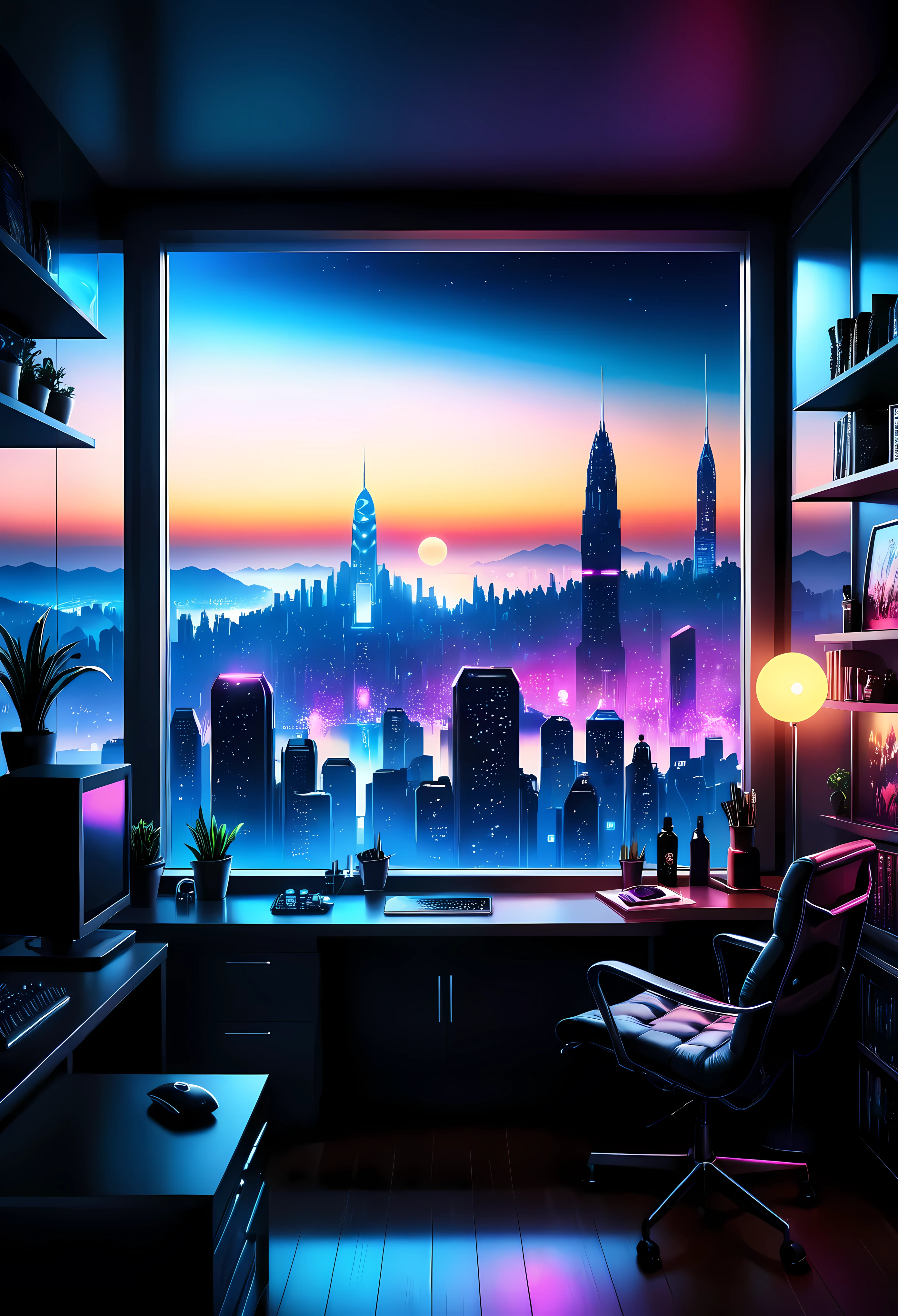 Fensterblick, Skyline, Zimmer, Neonlicht, Cyberpunk, QHD+, Hintergrundbild fürs Tablet