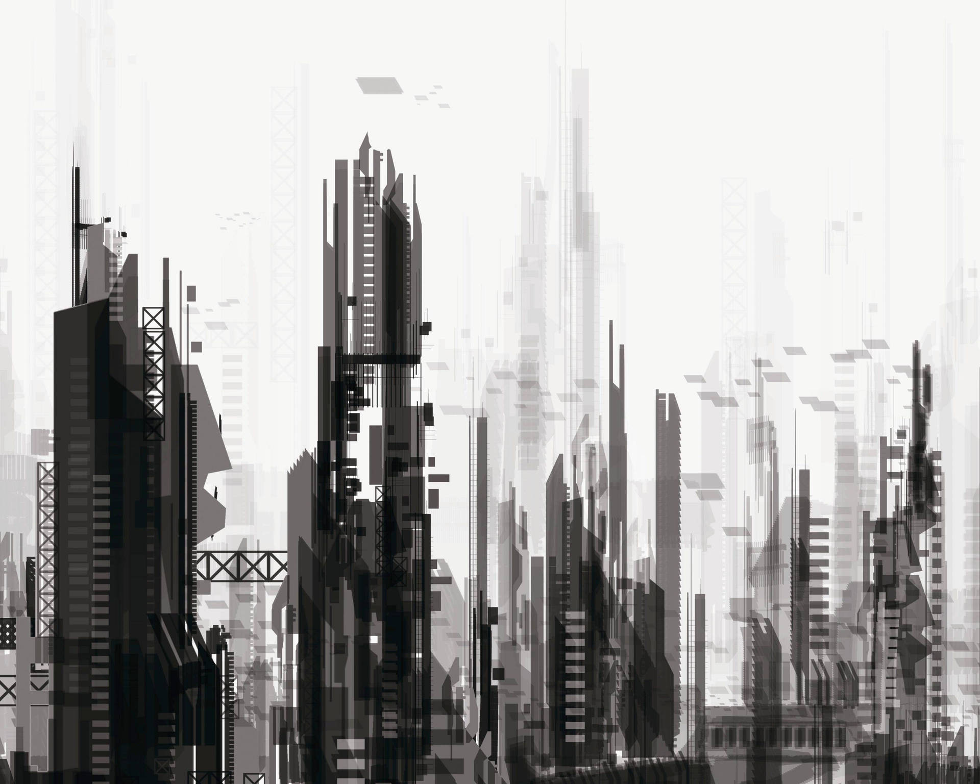 Abstrakte Stadt, Schwarz-Weiß, Glitch, Wolkenkratzer, Skizze, Full-HD-Hintergrundbild für PC