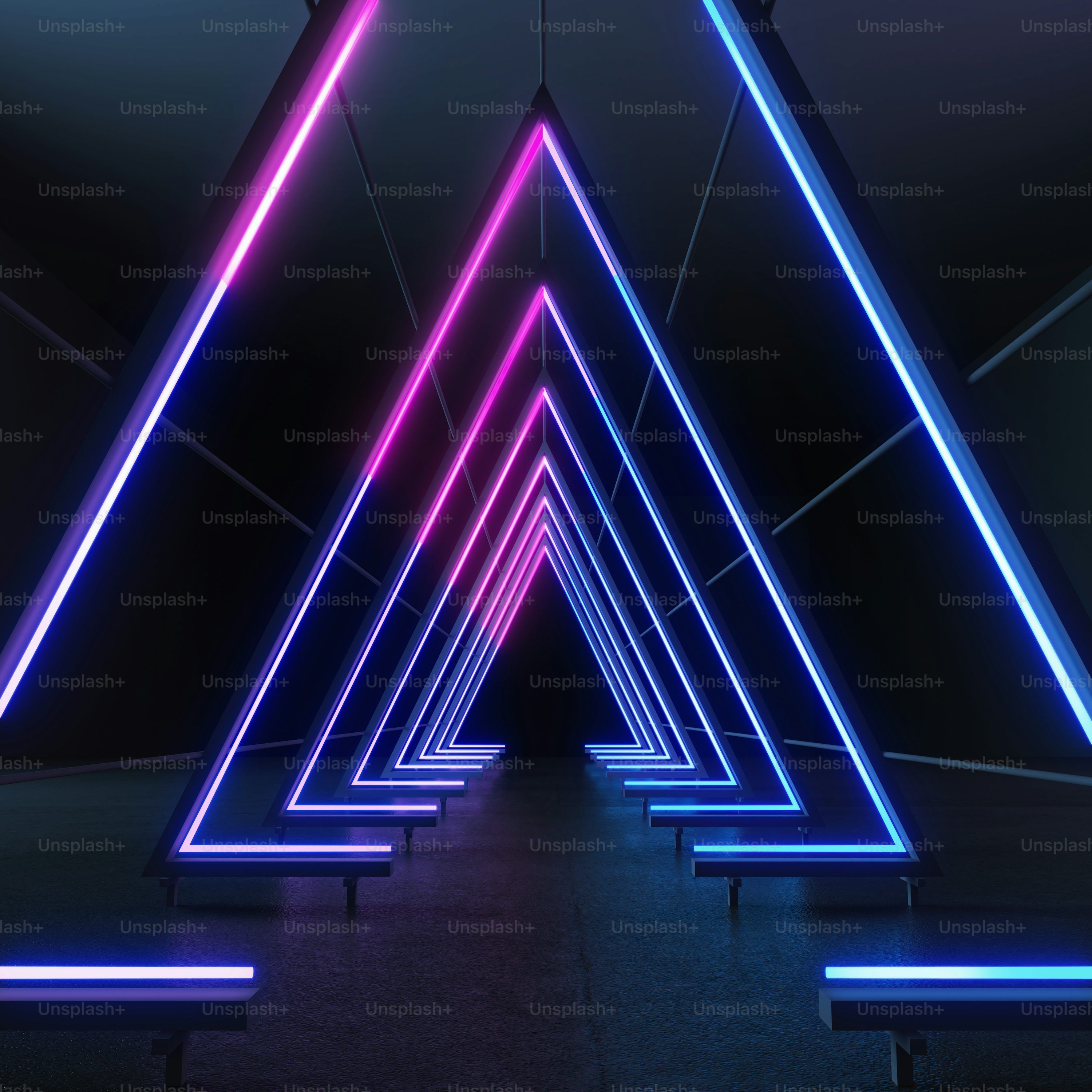 Neon-Dreiecke, Tunnel, Lila, Geometrisch, Dunkler Hintergrund, 2K Wallpaper