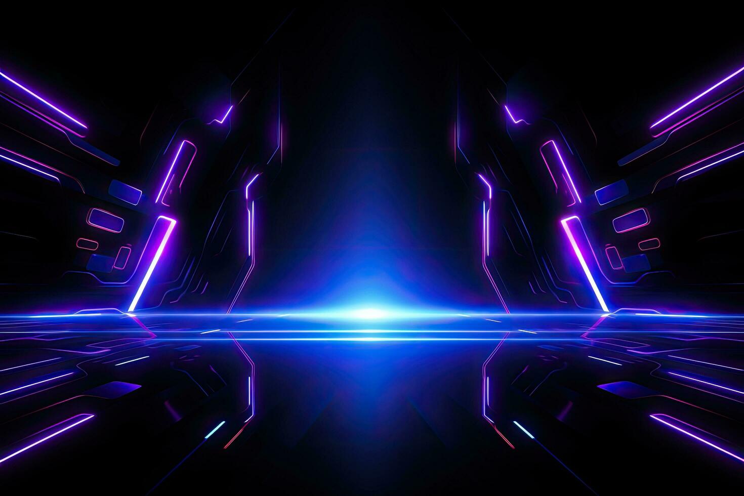 Neonlicht, Sci-Fi-Korridor, Blau, Lila, Symmetrie, HD, Hintergrund für den Desktop